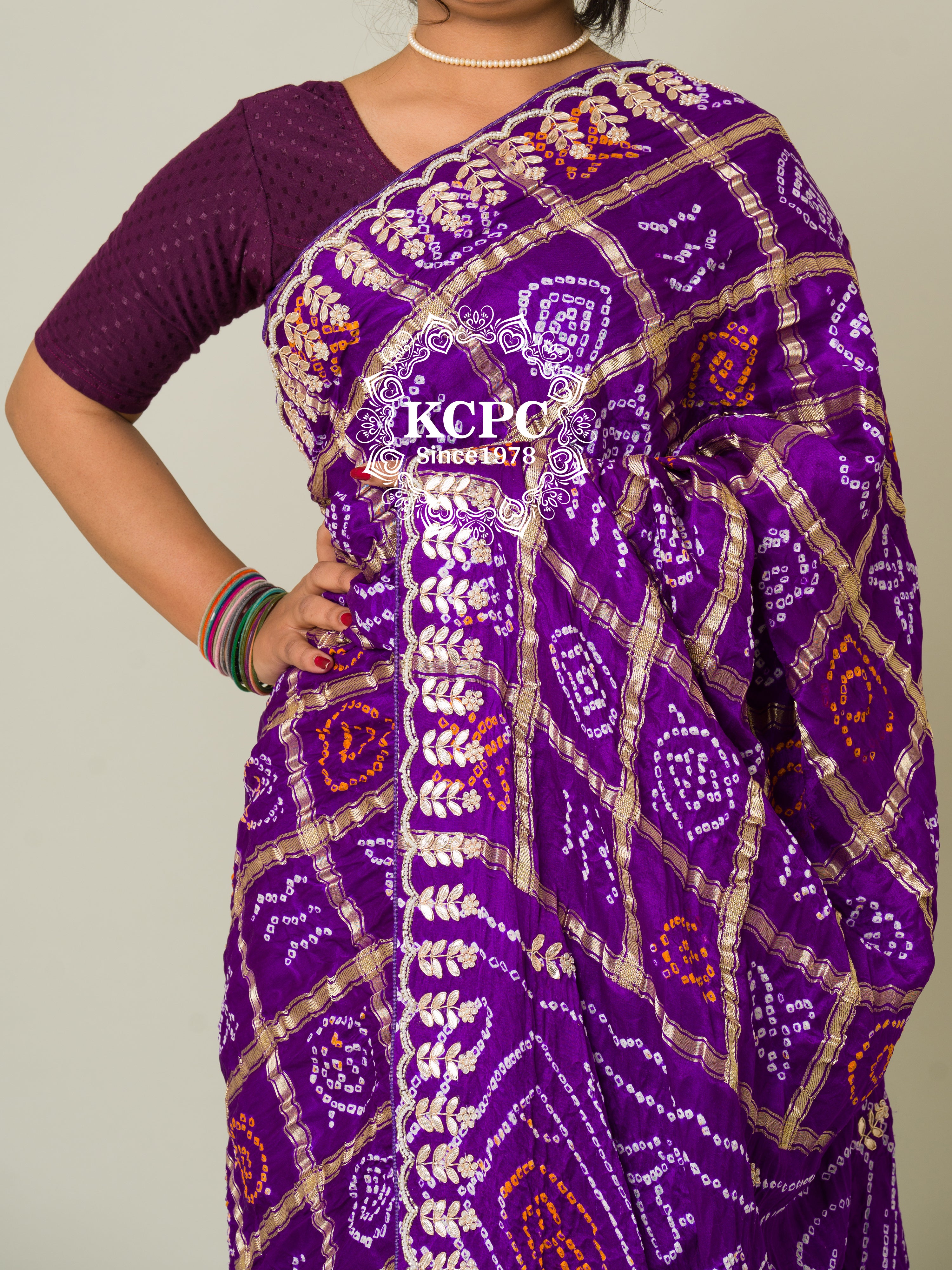 KcPc Pure Gaji Silk Bandhani Ghatchola Gotapatti Saree amt Purple