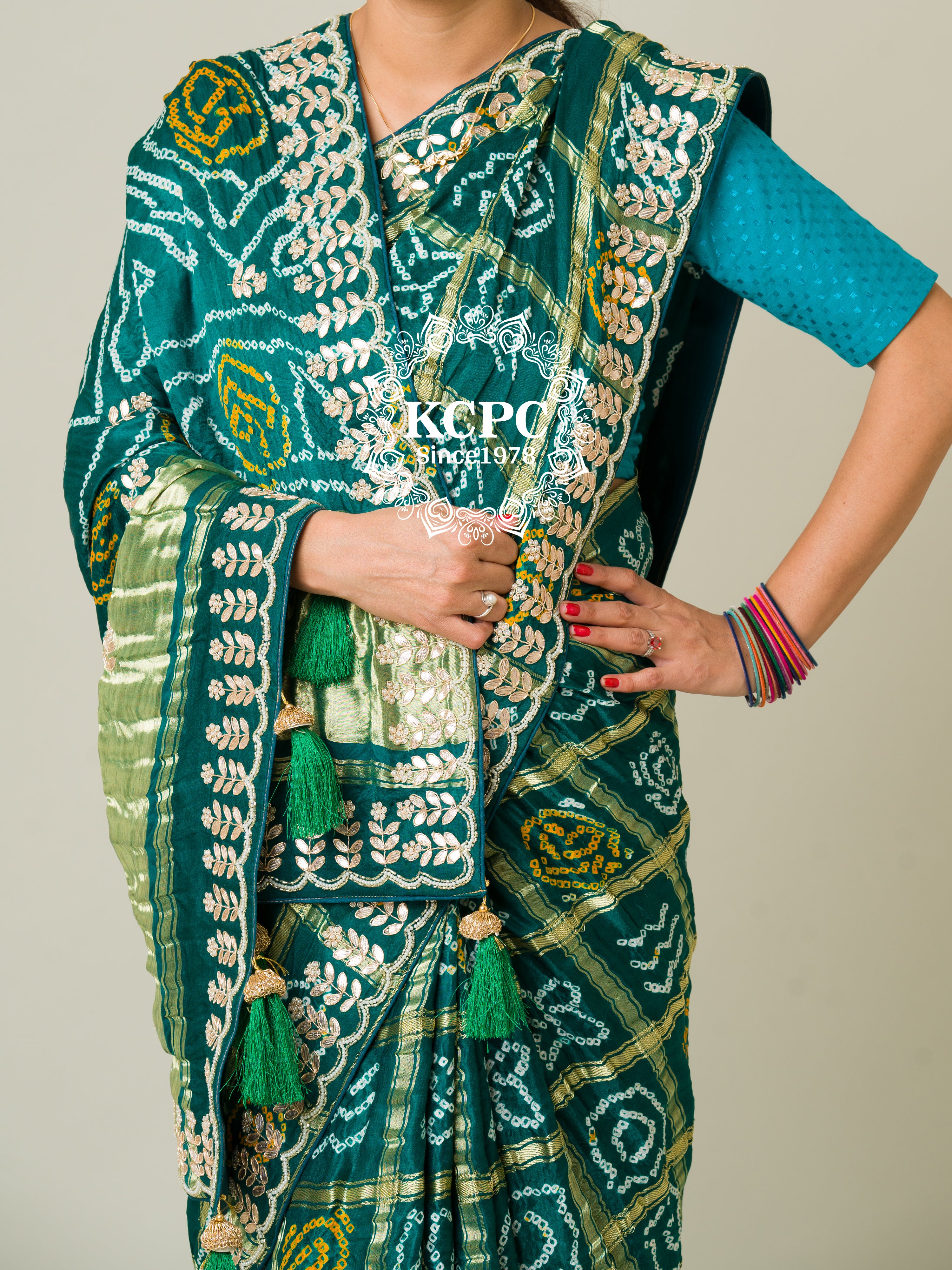 KcPc Pure Gaji Silk Bandhani Ghatchola Gotapatti Saree amt Morkanti