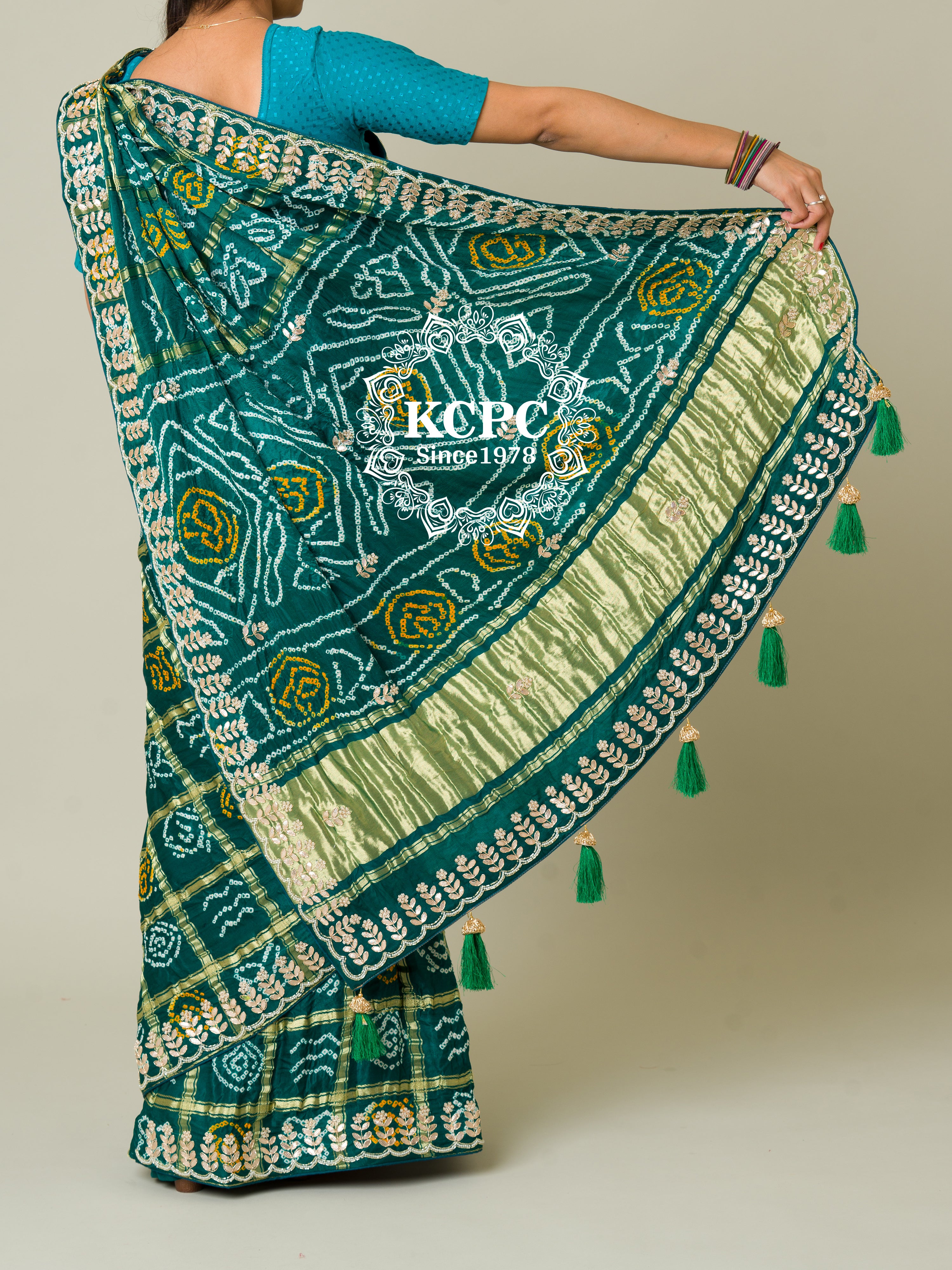 KcPc Pure Gaji Silk Bandhani Ghatchola Gotapatti Saree amt Morkanti