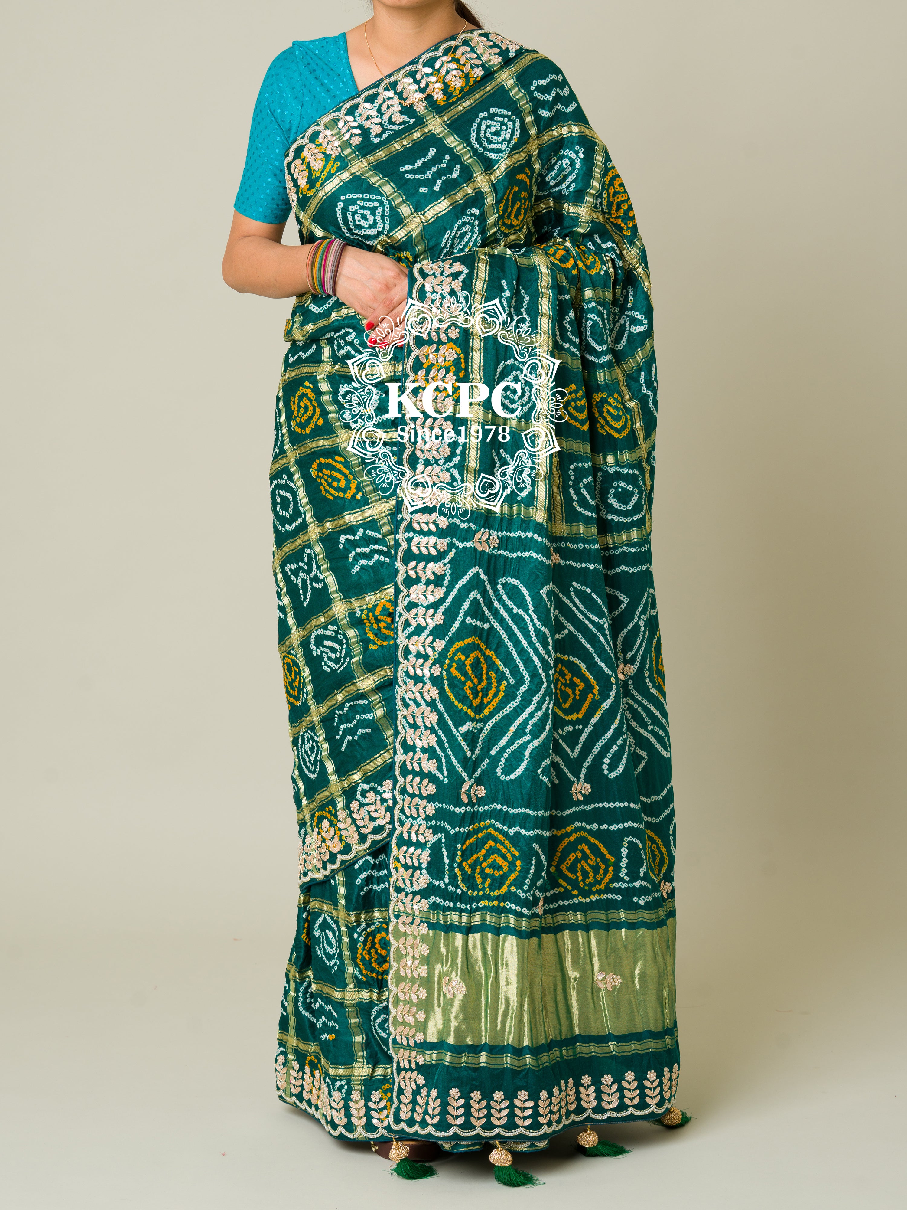 KcPc Pure Gaji Silk Bandhani Ghatchola Gotapatti Saree amt Morkanti
