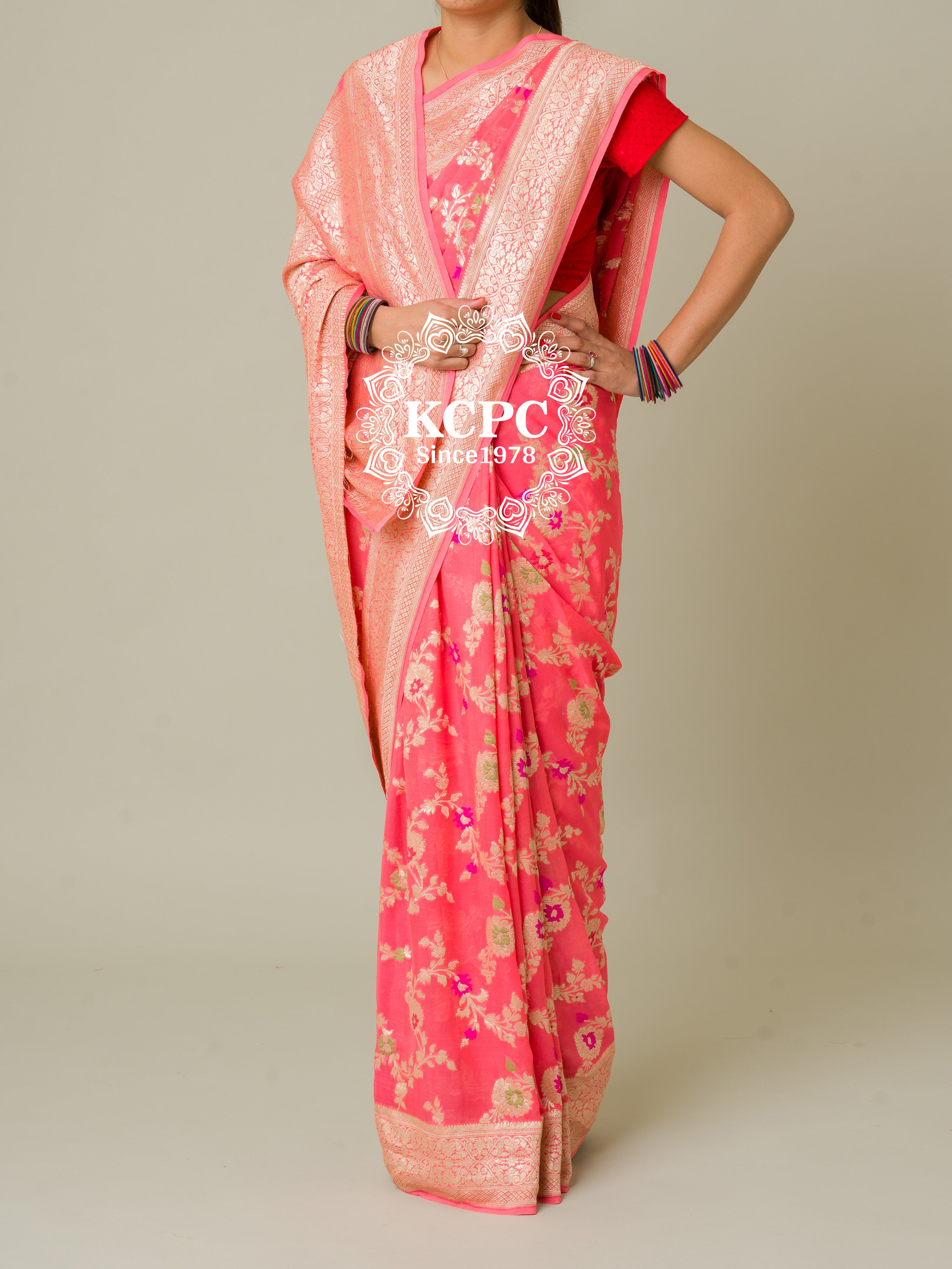 KcPc Pure Khaddi Georgette Waterzari Sarees Handloom Banarasi Weaving SareePeach