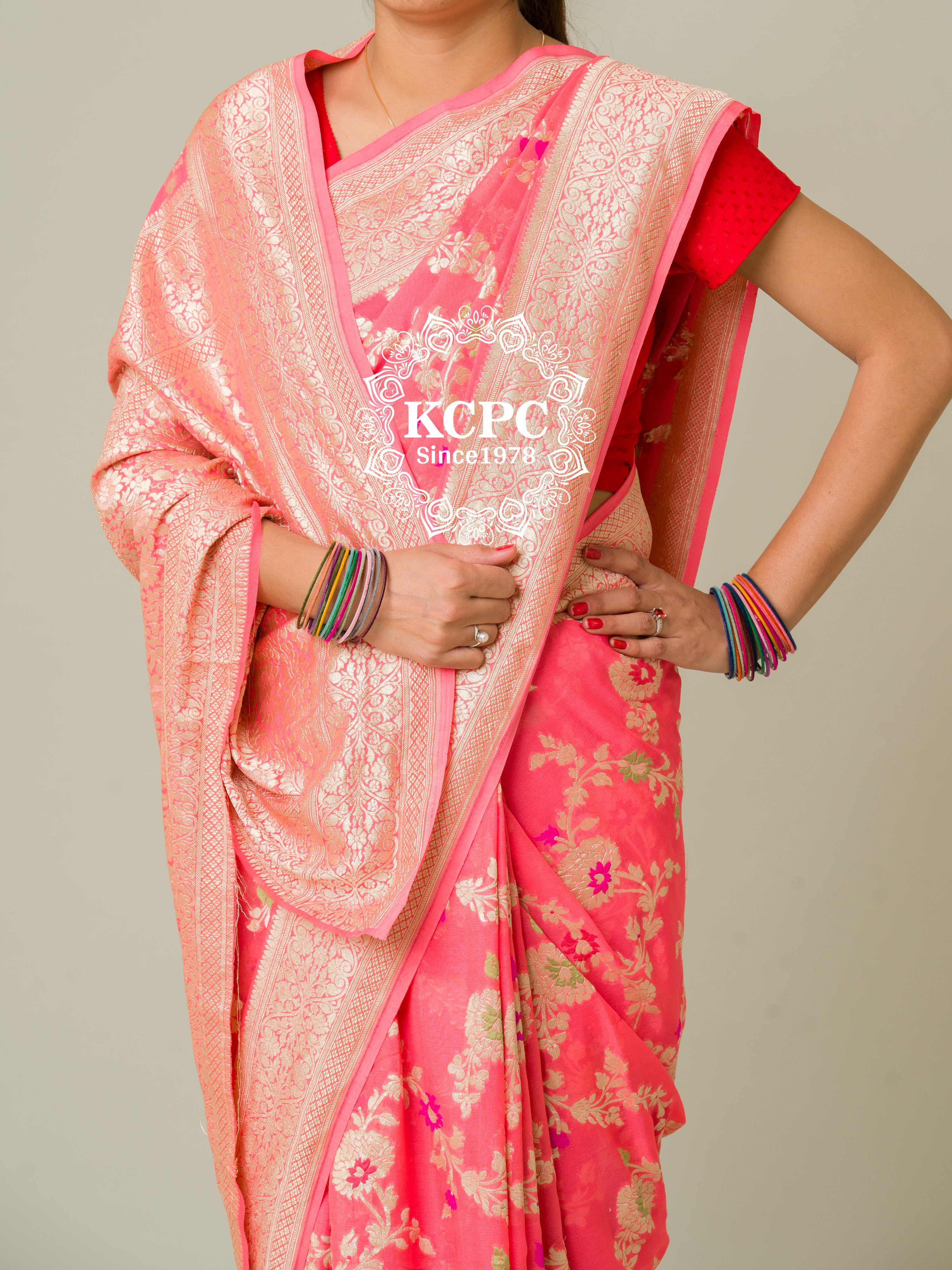 KcPc Pure Khaddi Georgette Waterzari Sarees Handloom Banarasi Weaving SareePeach