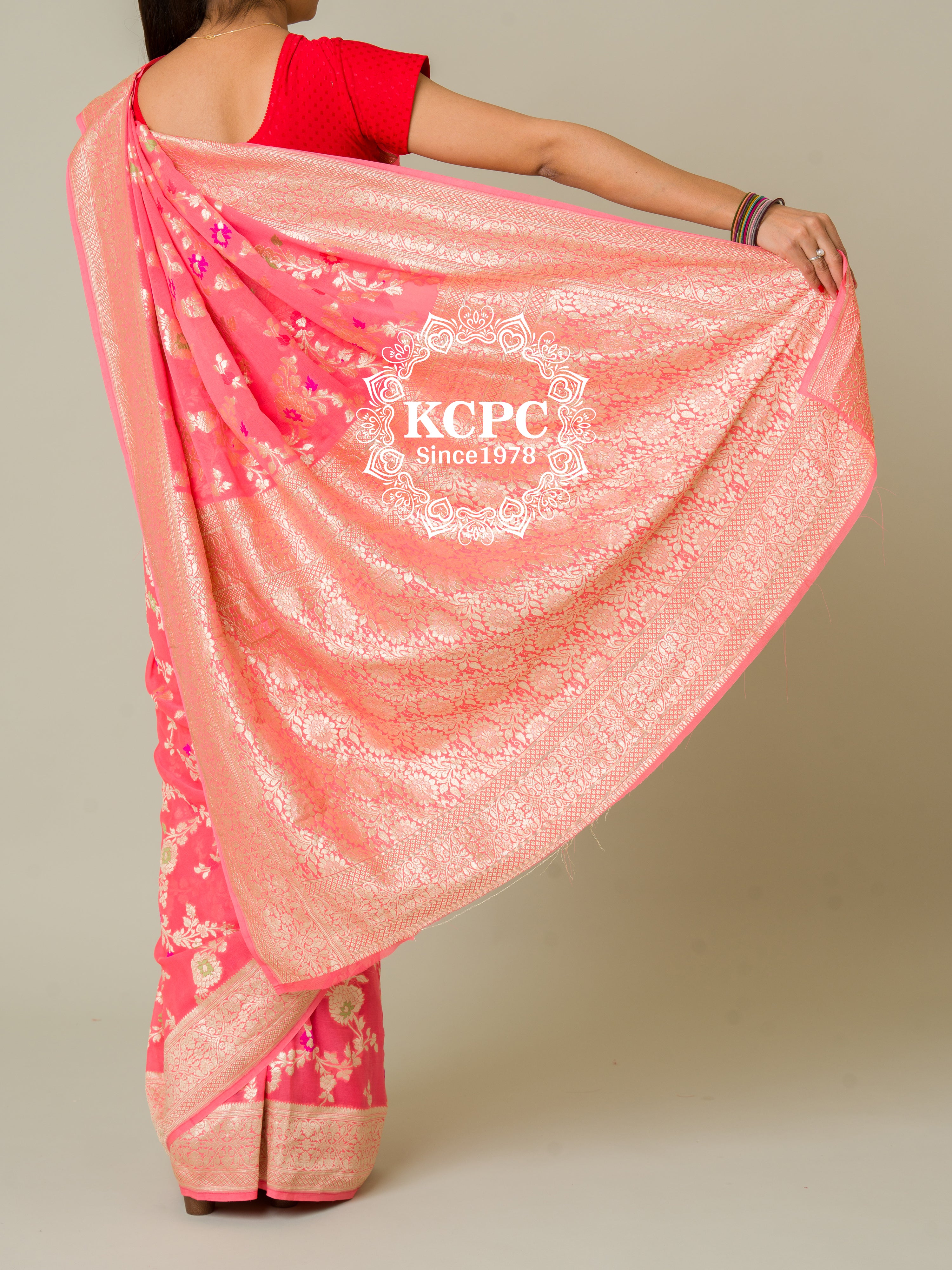 KcPc Pure Khaddi Georgette Waterzari Sarees Handloom Banarasi Weaving SareePeach