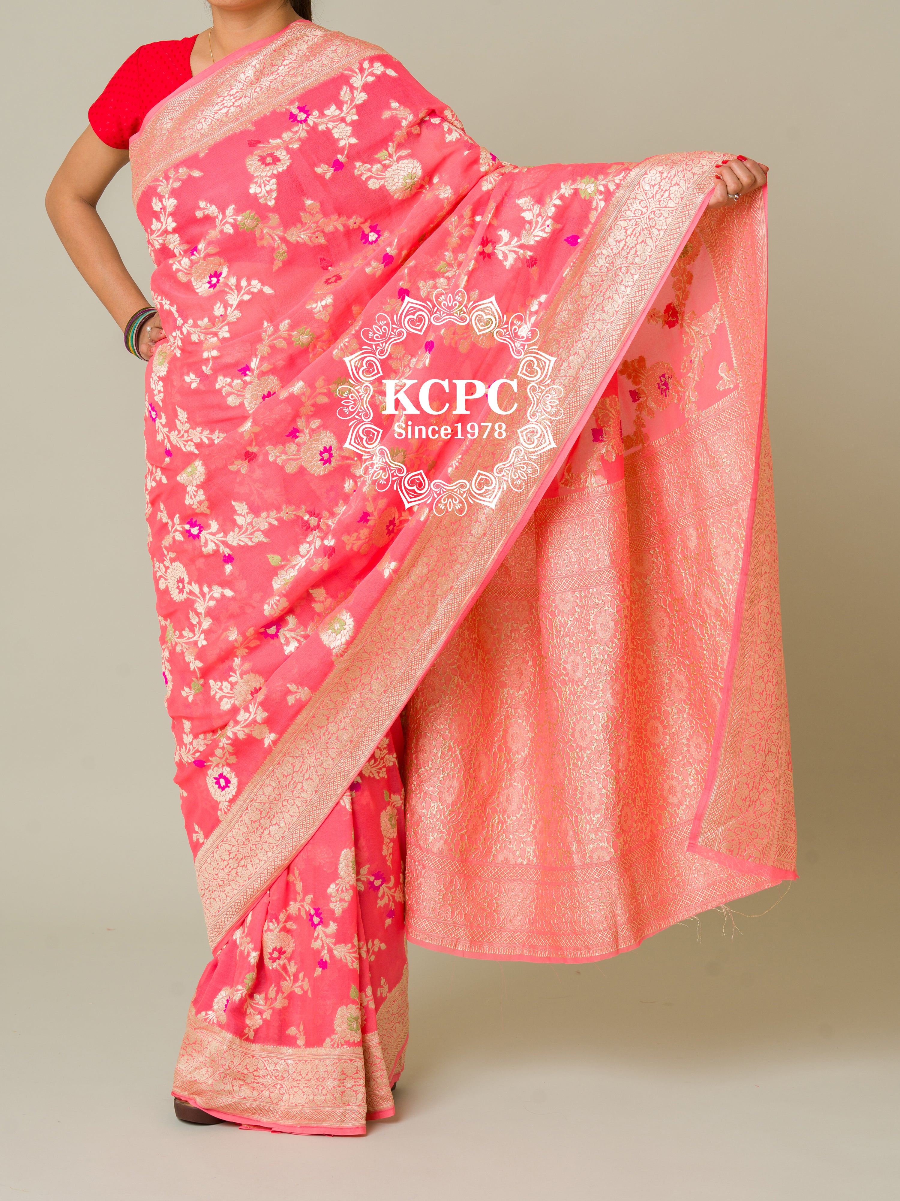 KcPc Pure Khaddi Georgette Waterzari Sarees Handloom Banarasi Weaving SareePeach