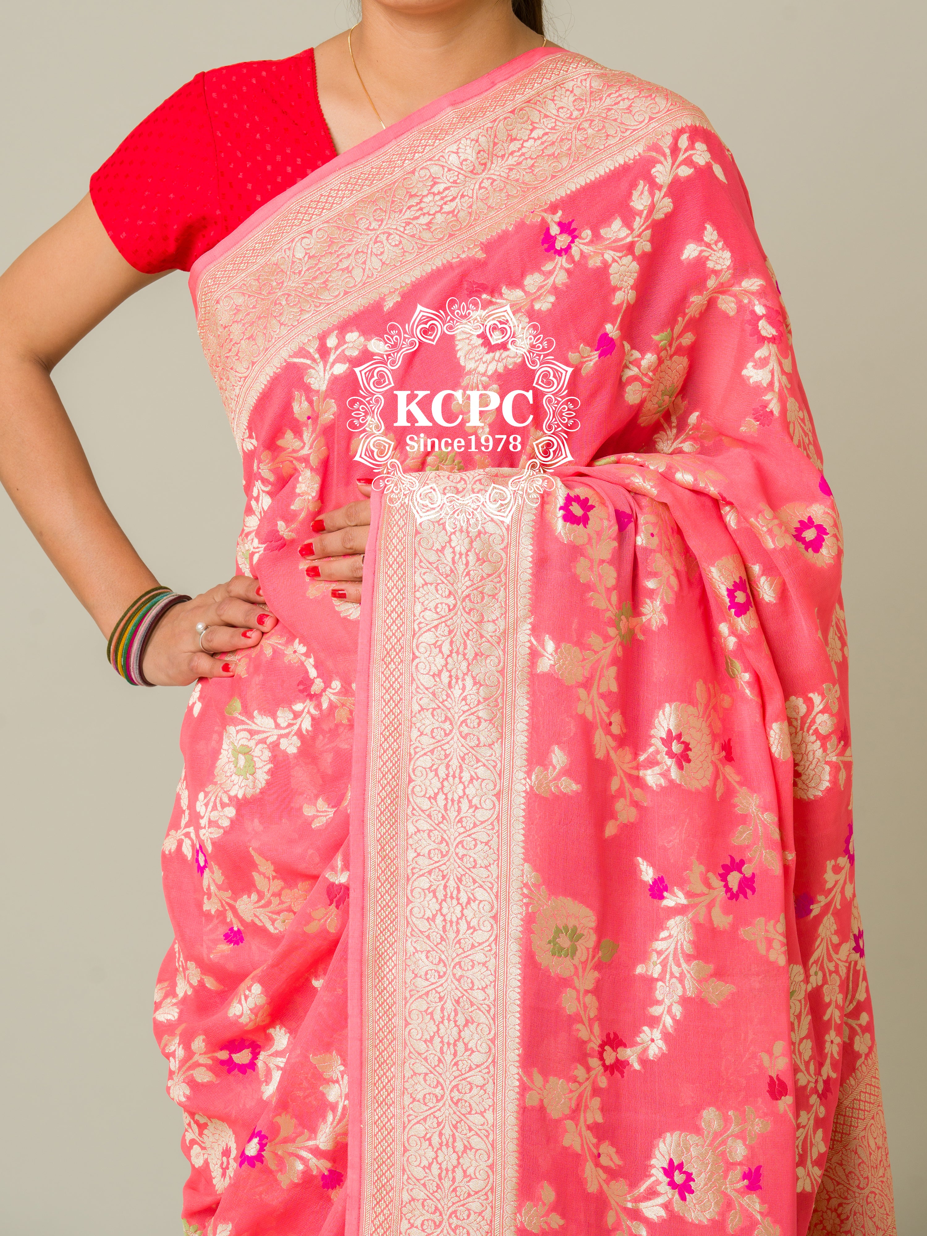 KcPc Pure Khaddi Georgette Waterzari Sarees Handloom Banarasi Weaving SareePeach