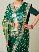 KcPc Pure Modal Silk Bandhani Ekdana Bandhej Heavy Gotapatti Work SareeAMT Bottle Green