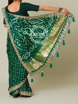 KcPc Pure Modal Silk Bandhani Ekdana Bandhej Heavy Gotapatti Work SareeAMT Bottle Green