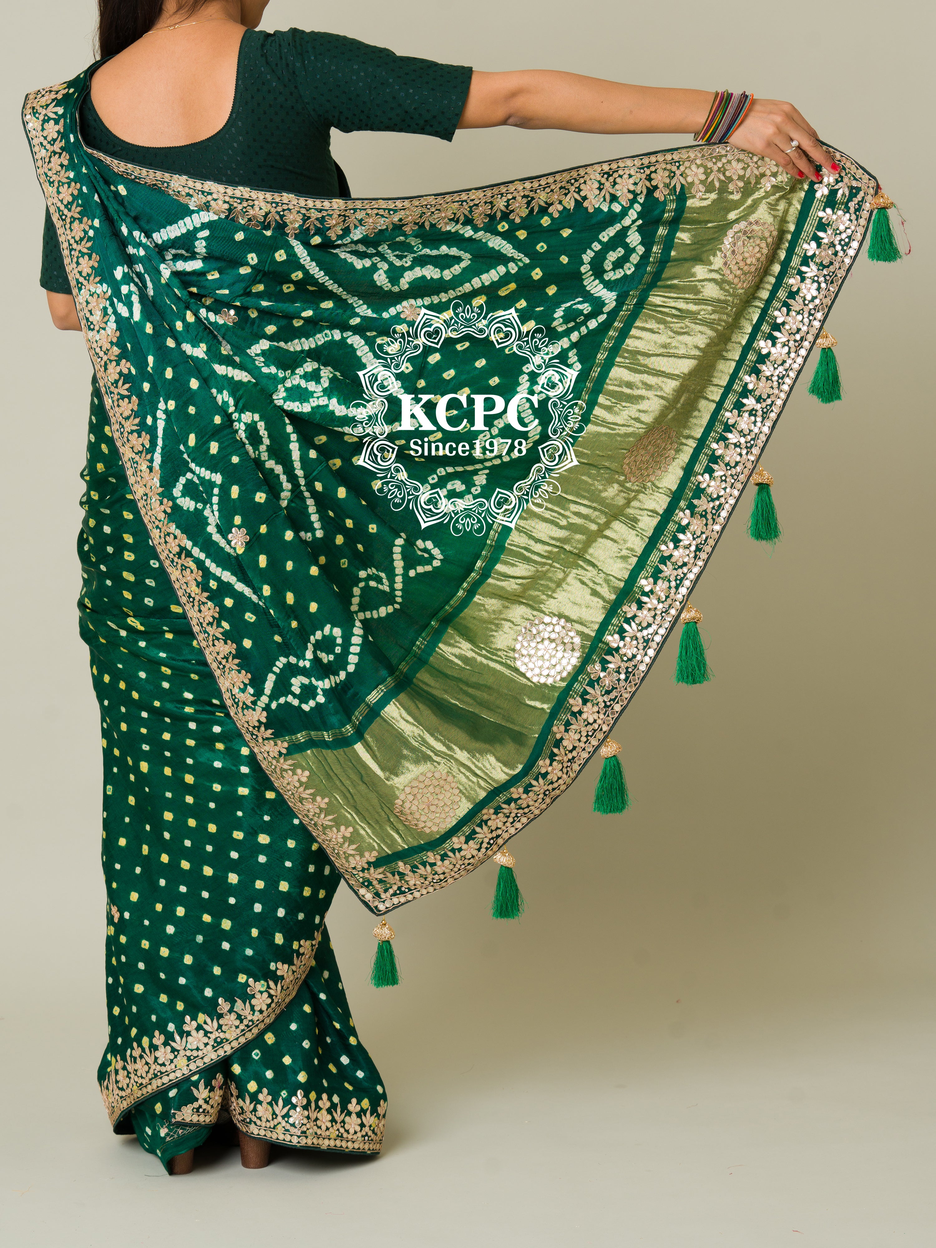 KcPc Pure Modal Silk Bandhani Ekdana Bandhej Heavy Gotapatti Work SareeAMT Bottle Green