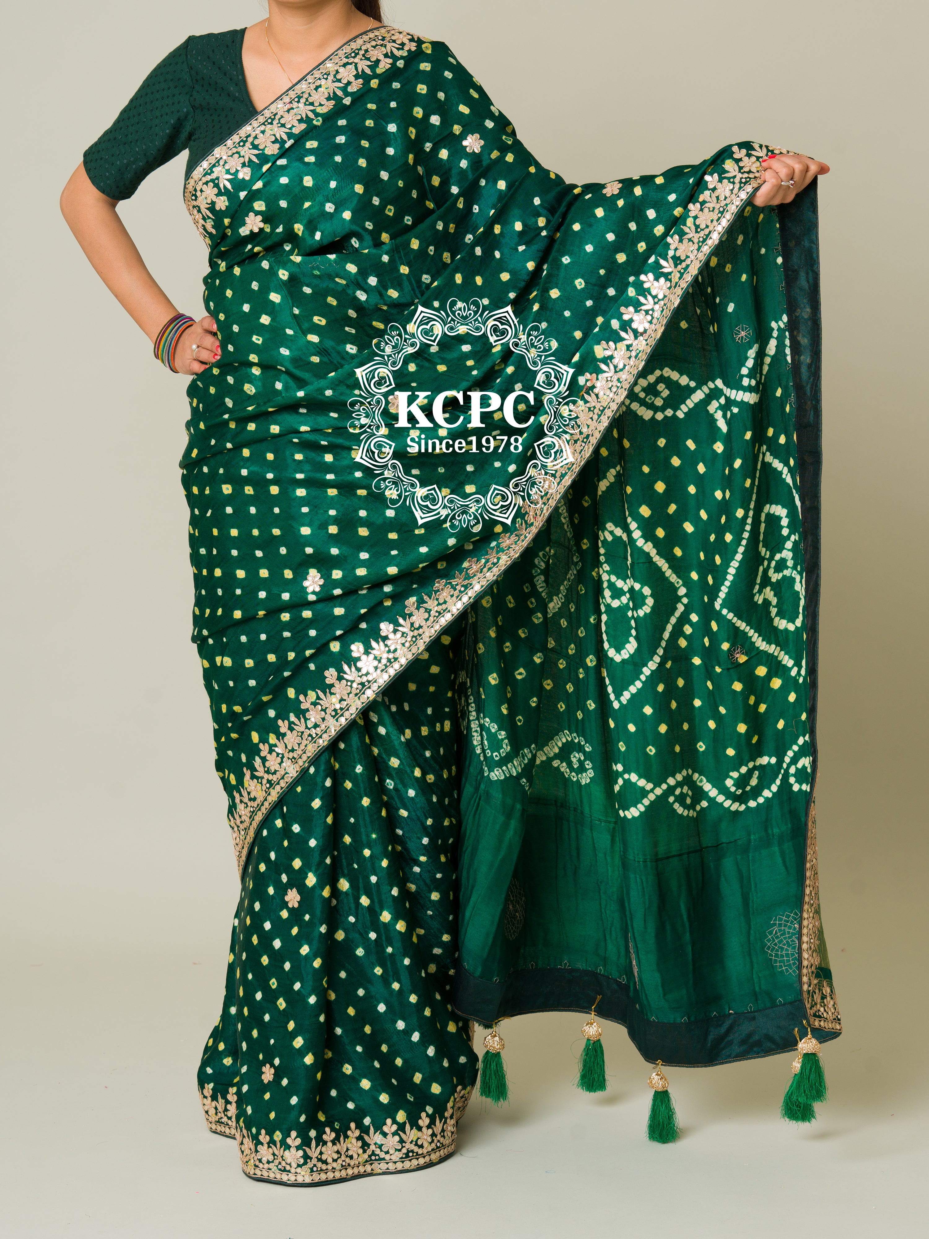 KcPc Pure Modal Silk Bandhani Ekdana Bandhej Heavy Gotapatti Work SareeAMT Bottle Green