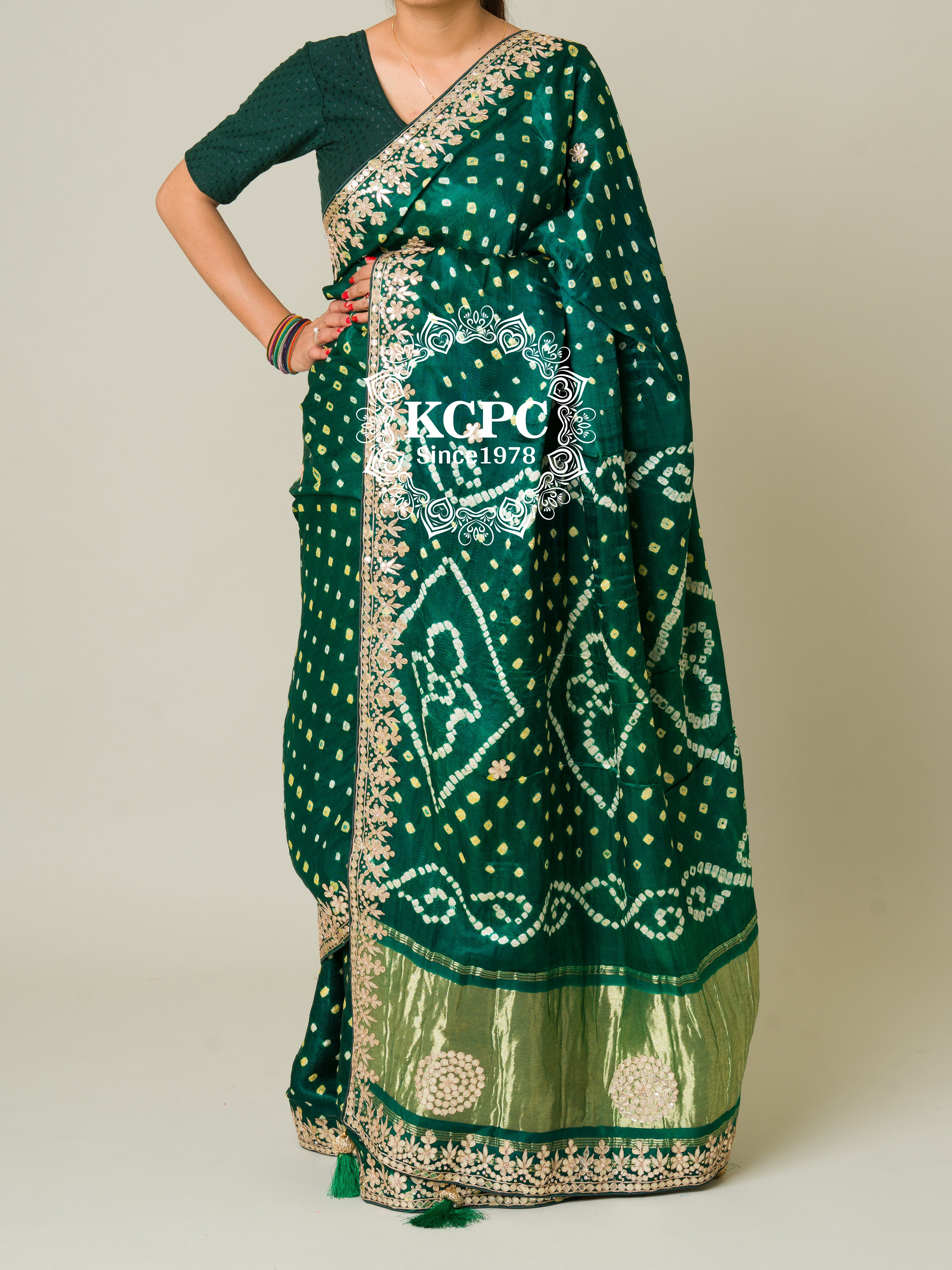 KcPc Pure Modal Silk Bandhani Ekdana Bandhej Heavy Gotapatti Work SareeAMT Bottle Green