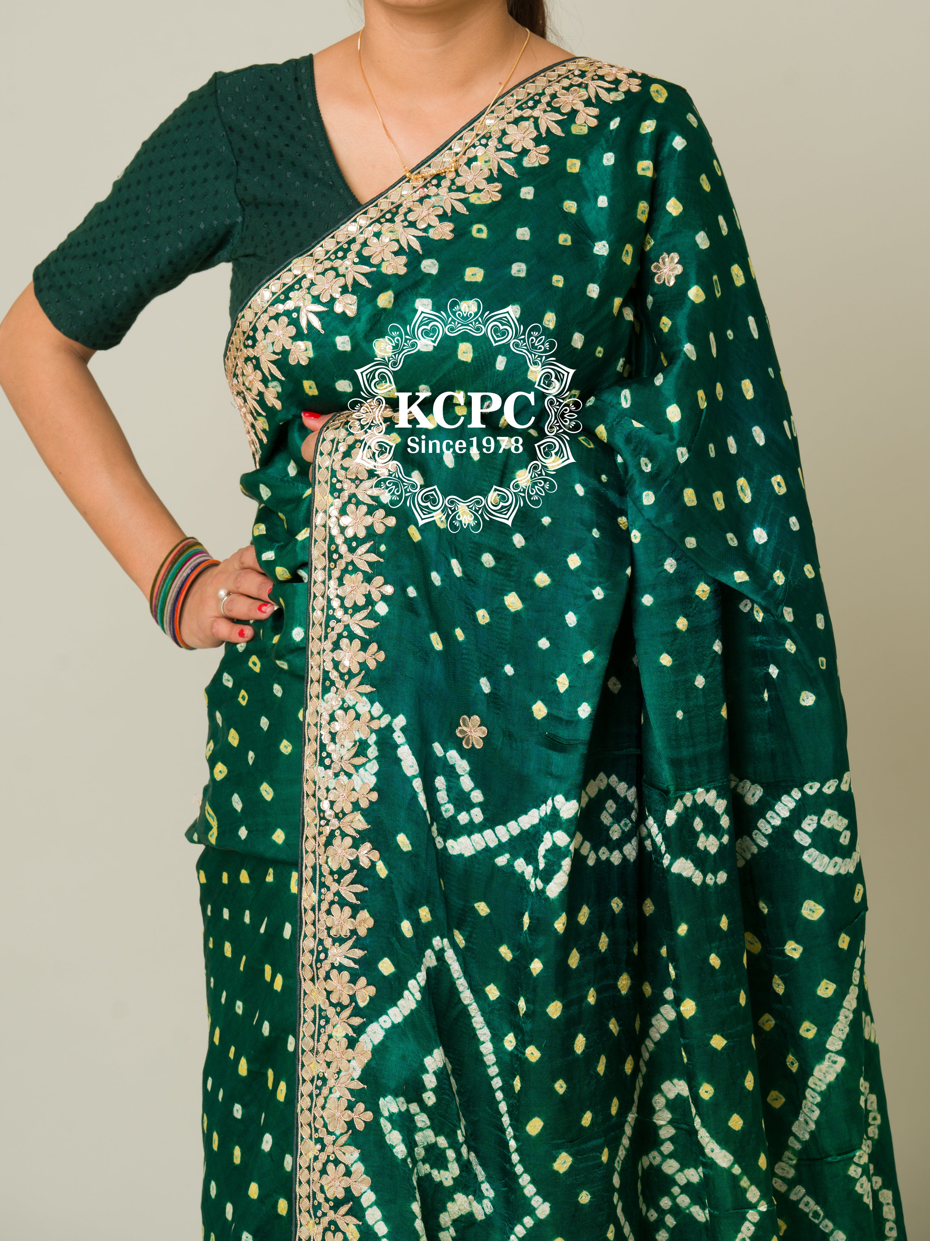 KcPc Pure Modal Silk Bandhani Ekdana Bandhej Heavy Gotapatti Work SareeAMT Bottle Green