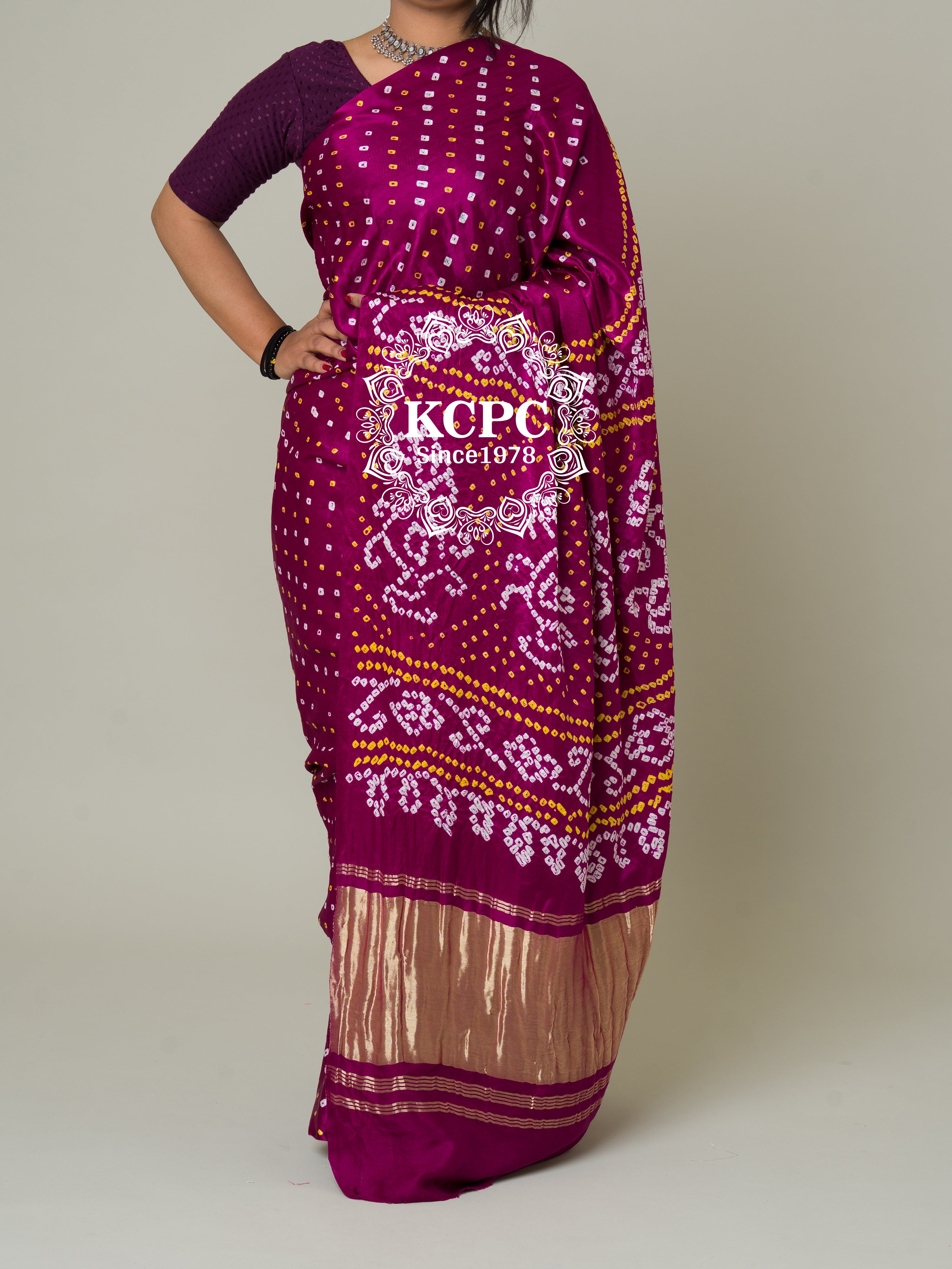 KcPc New Louch Pure Gaji Silk Rai Bandhej Ekdana Saree Mehroon