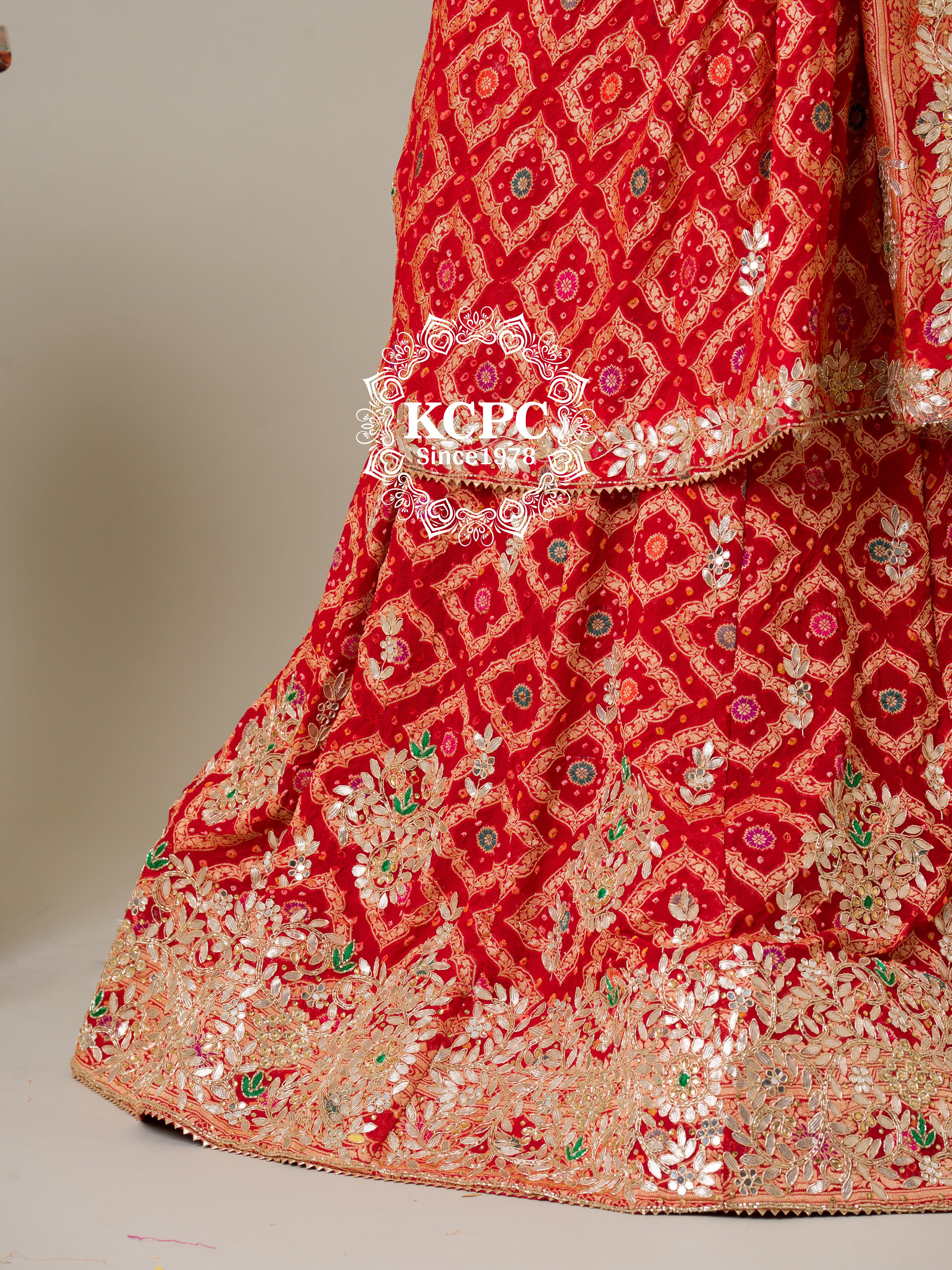 KcPc Pure Khaddi Georgette Banarasi Bandhej Ghatchola Gota Patti LehengaBTU