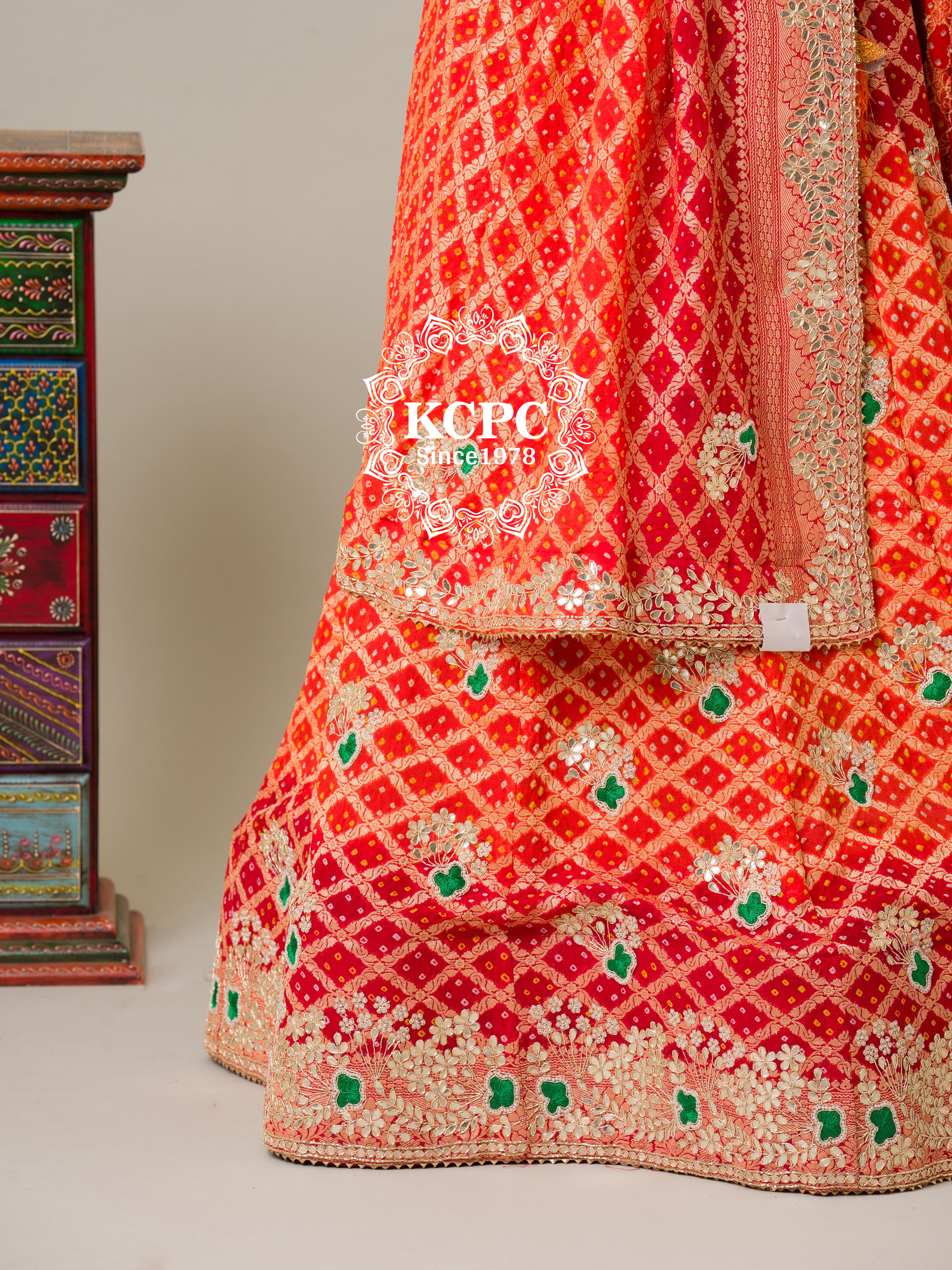 KcPc Pure Khaddi Georgette Banarasi Bandhej Ghatchola Gota Patti work LehangaBTU