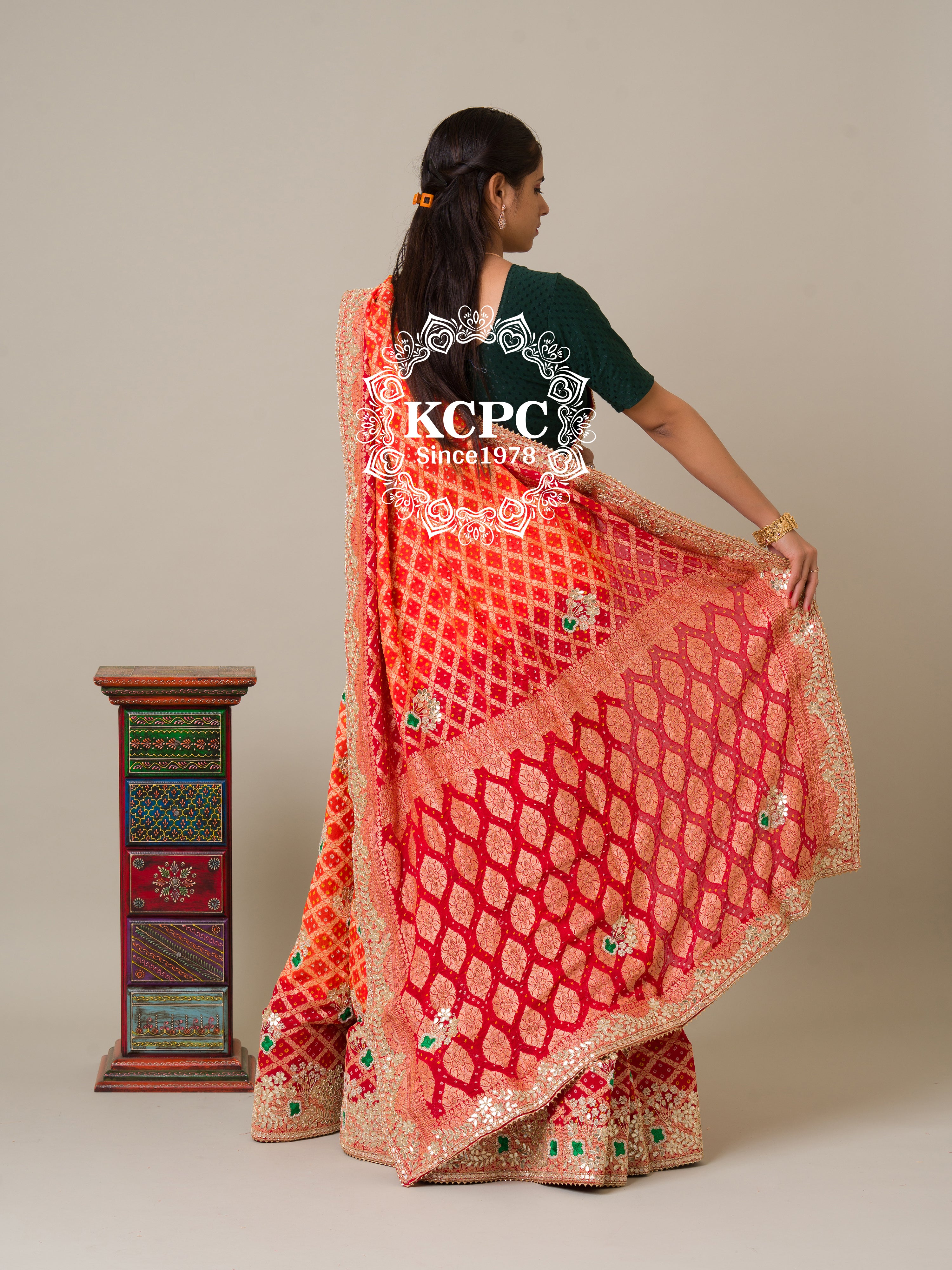 KcPc Pure Khaddi Georgette Banarasi Bandhej Ghatchola Gota Patti work LehangaBTU