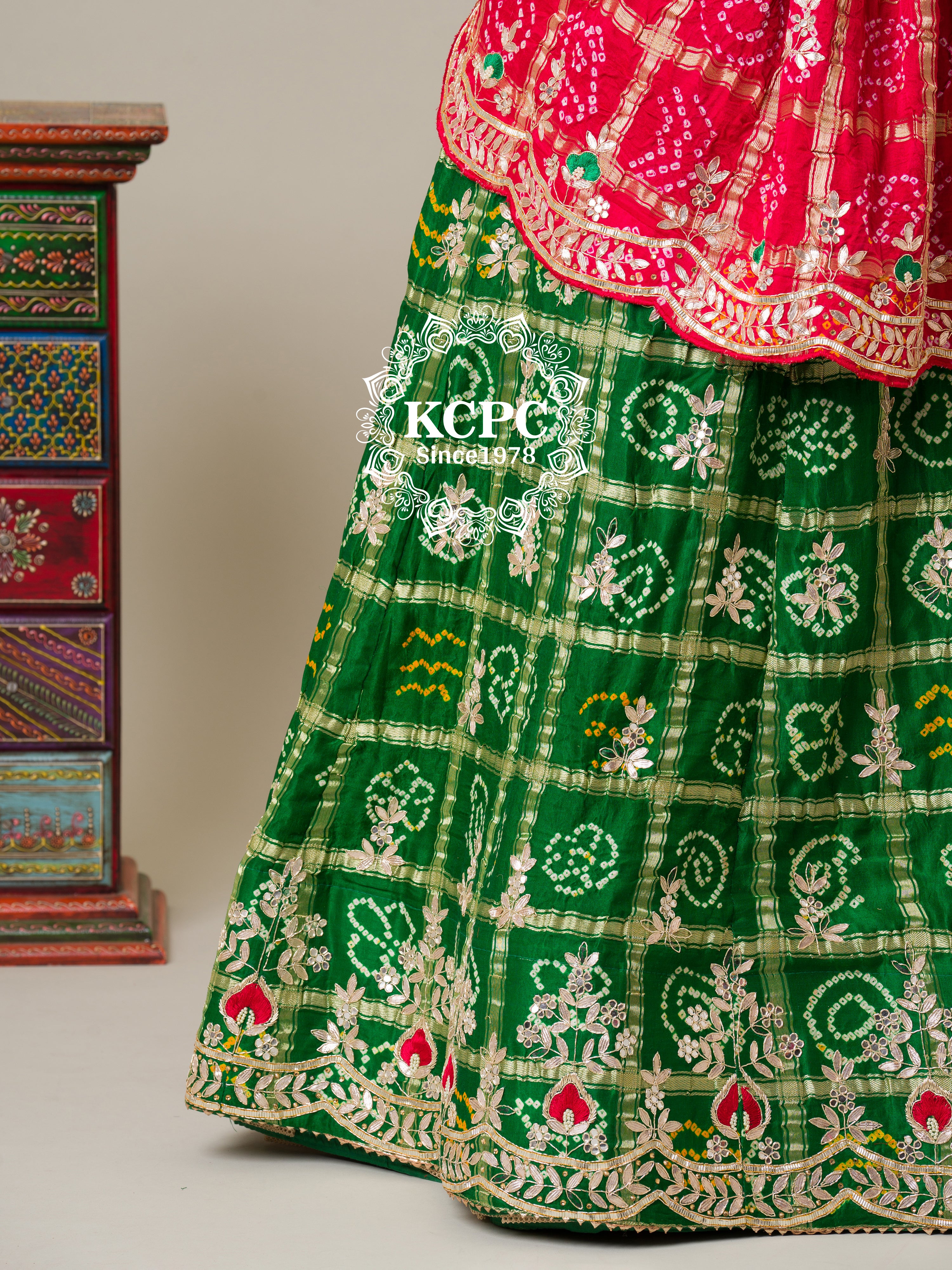 KcPc Pure Gaji Silk Bandhani Ghatchola Gotapatti Work Lehenga Red Green BTU