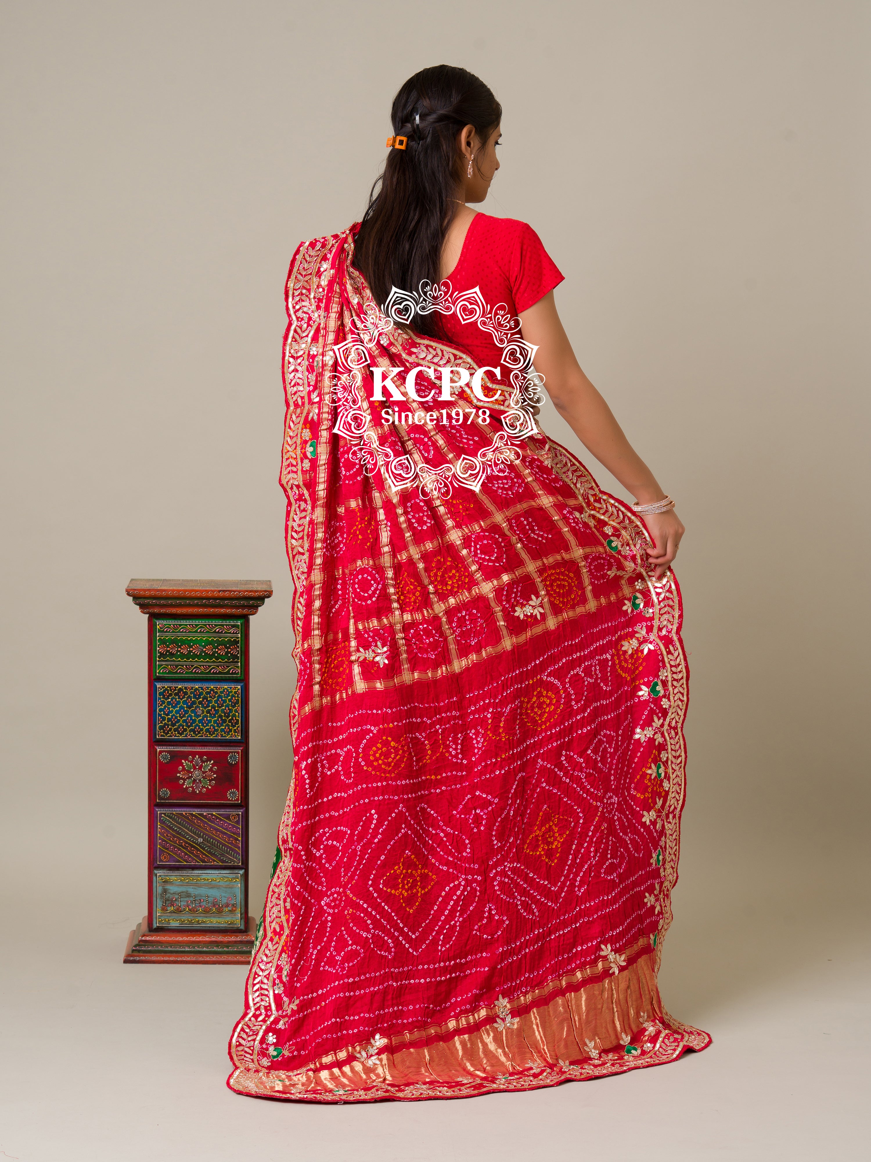 KcPc Pure Gaji Silk Bandhani Ghatchola Gotapatti Work Lehenga Red Green BTU