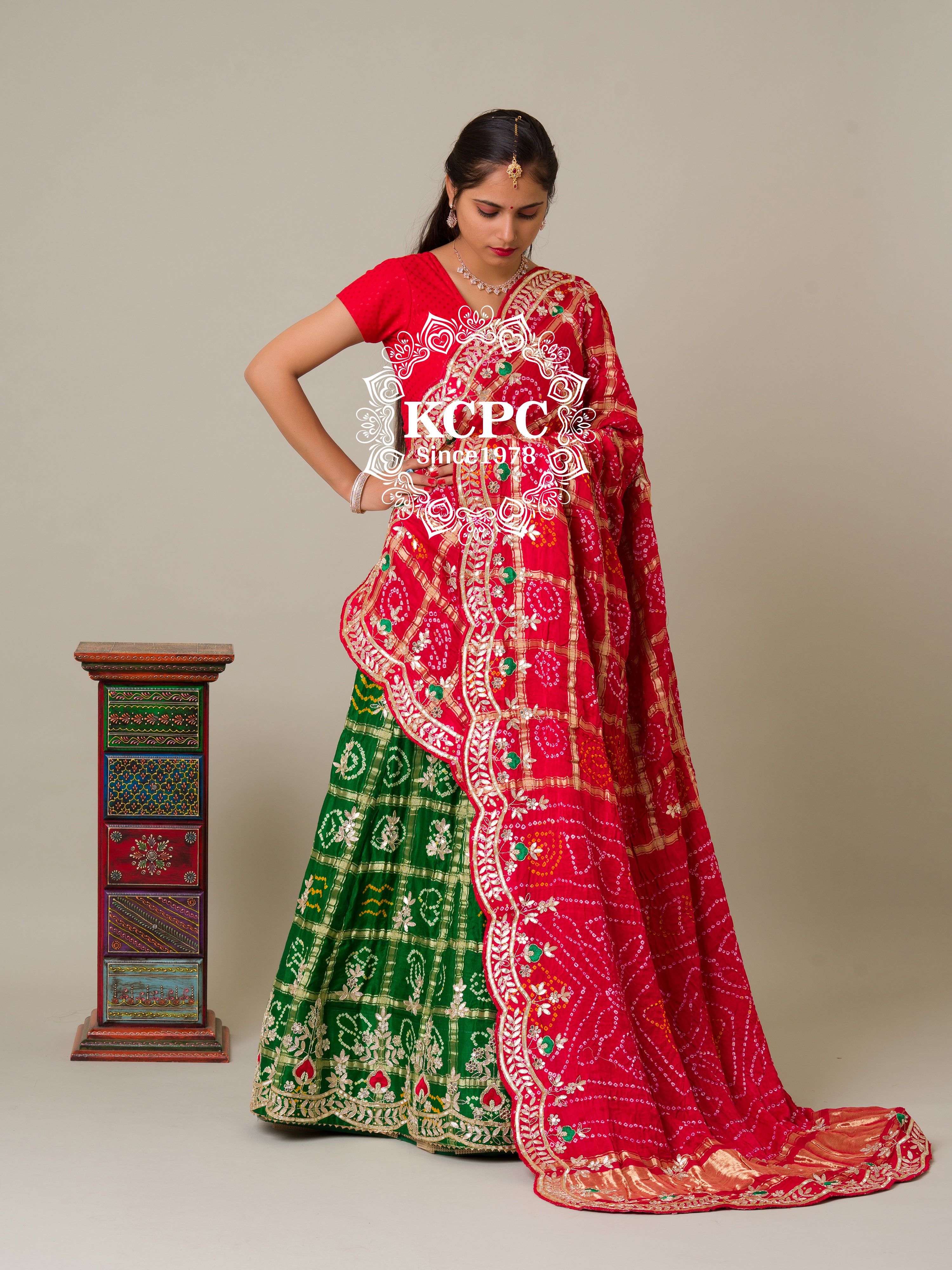 KcPc Pure Gaji Silk Bandhani Ghatchola Gotapatti Work Lehenga Red Green BTU