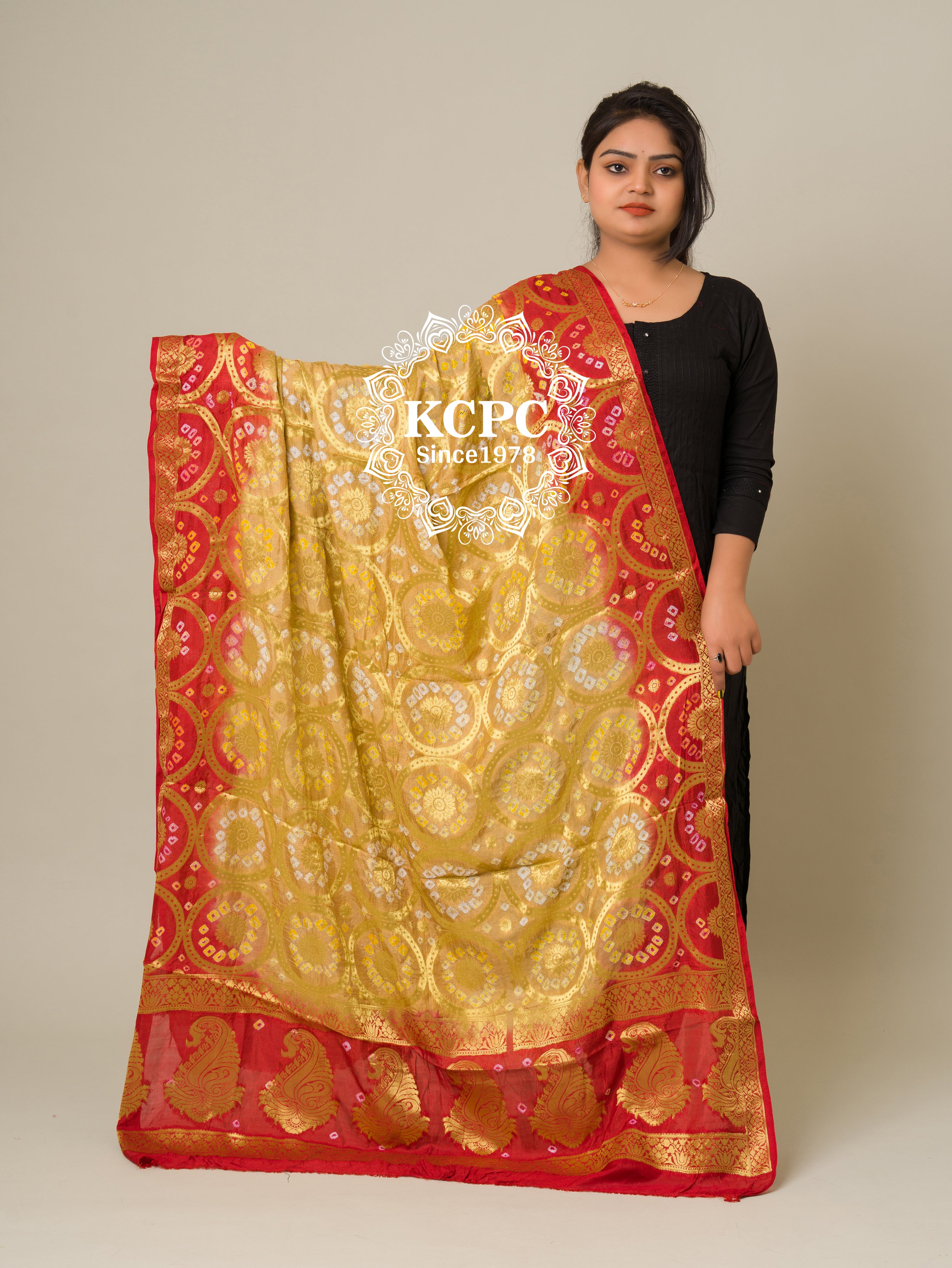 KcPc Banarasi Bandhej Gharchola Dupattas, OR, KC Gold RedKcPc Special Silk Bandhani Dupatta with Handmade WorkSA
