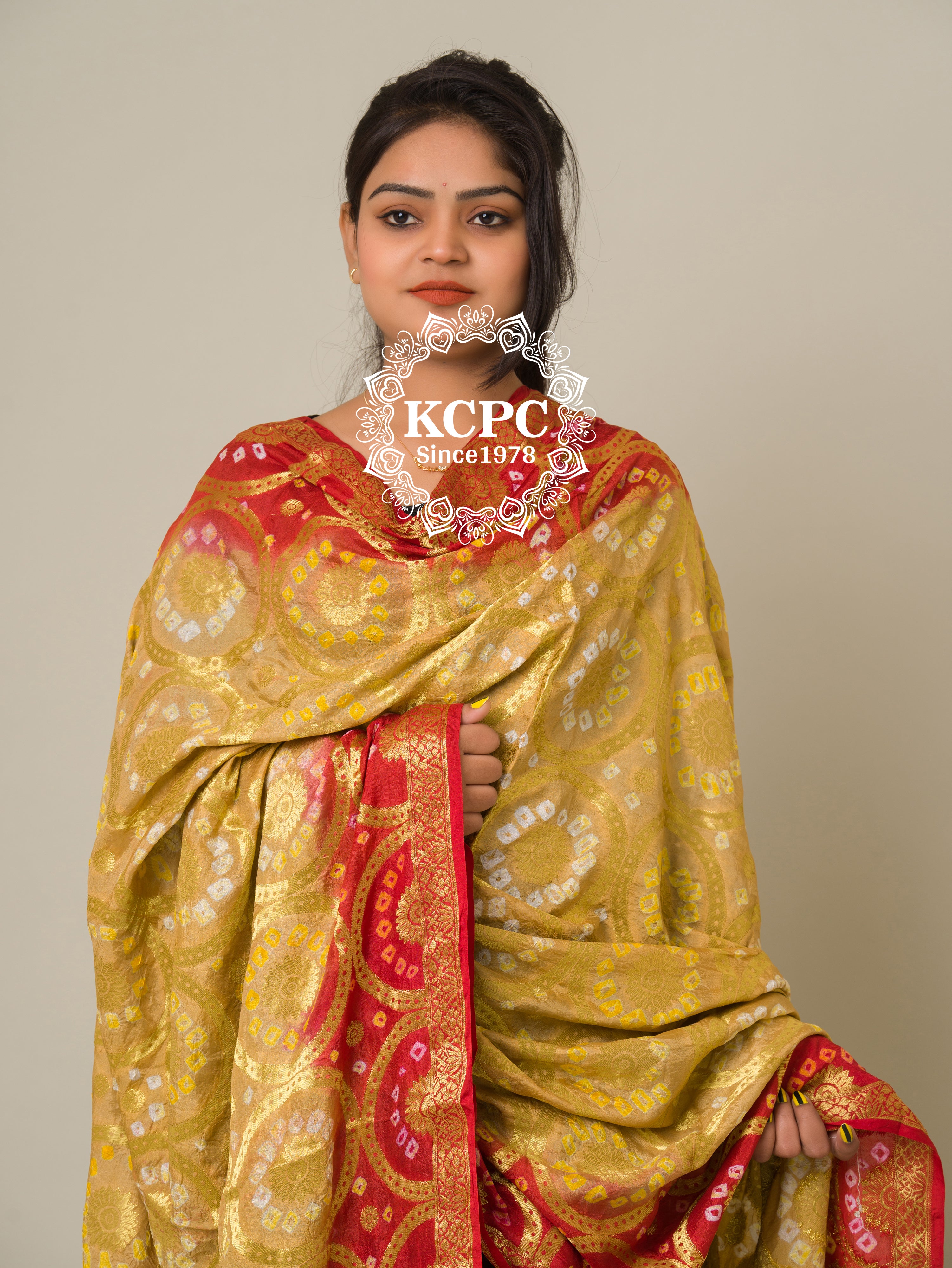 KcPc Banarasi Bandhej Gharchola Dupattas, OR, KC Gold RedKcPc Special Silk Bandhani Dupatta with Handmade WorkSA