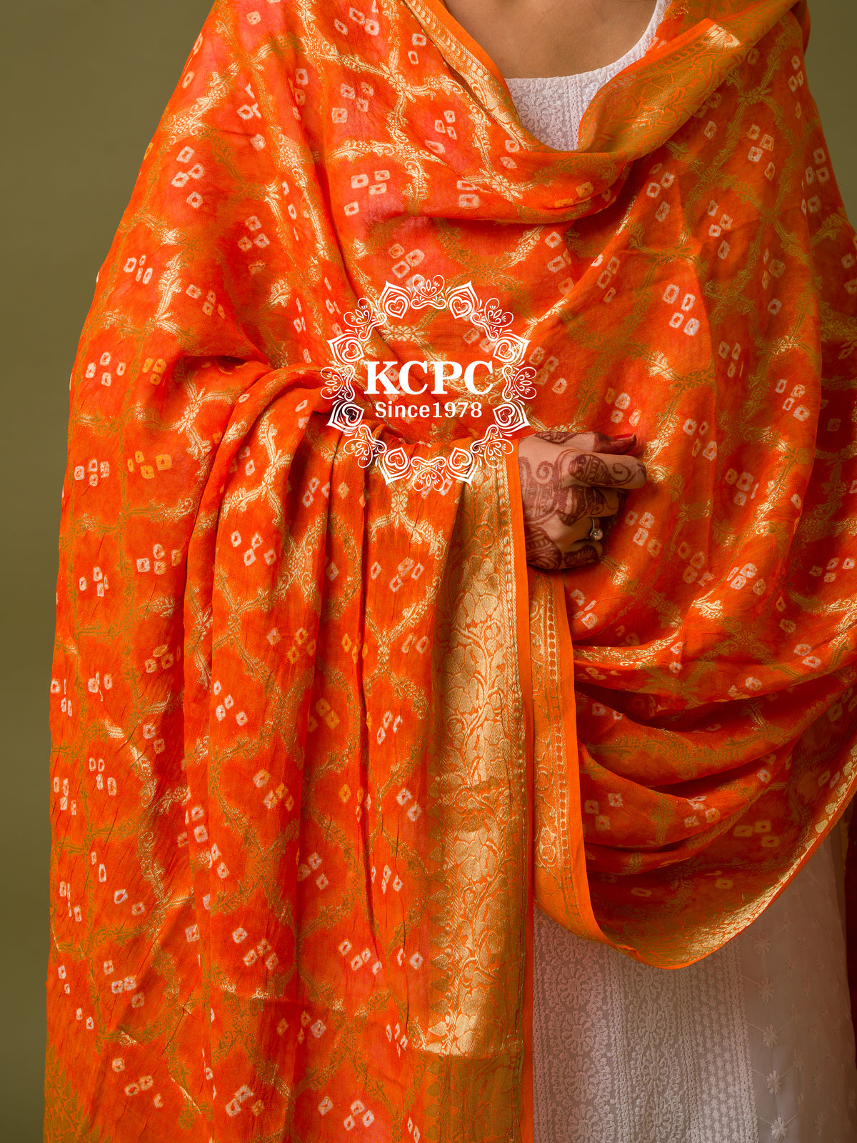 KcPc Pure Georgette Banarasi Bandhani Dupatta Orange