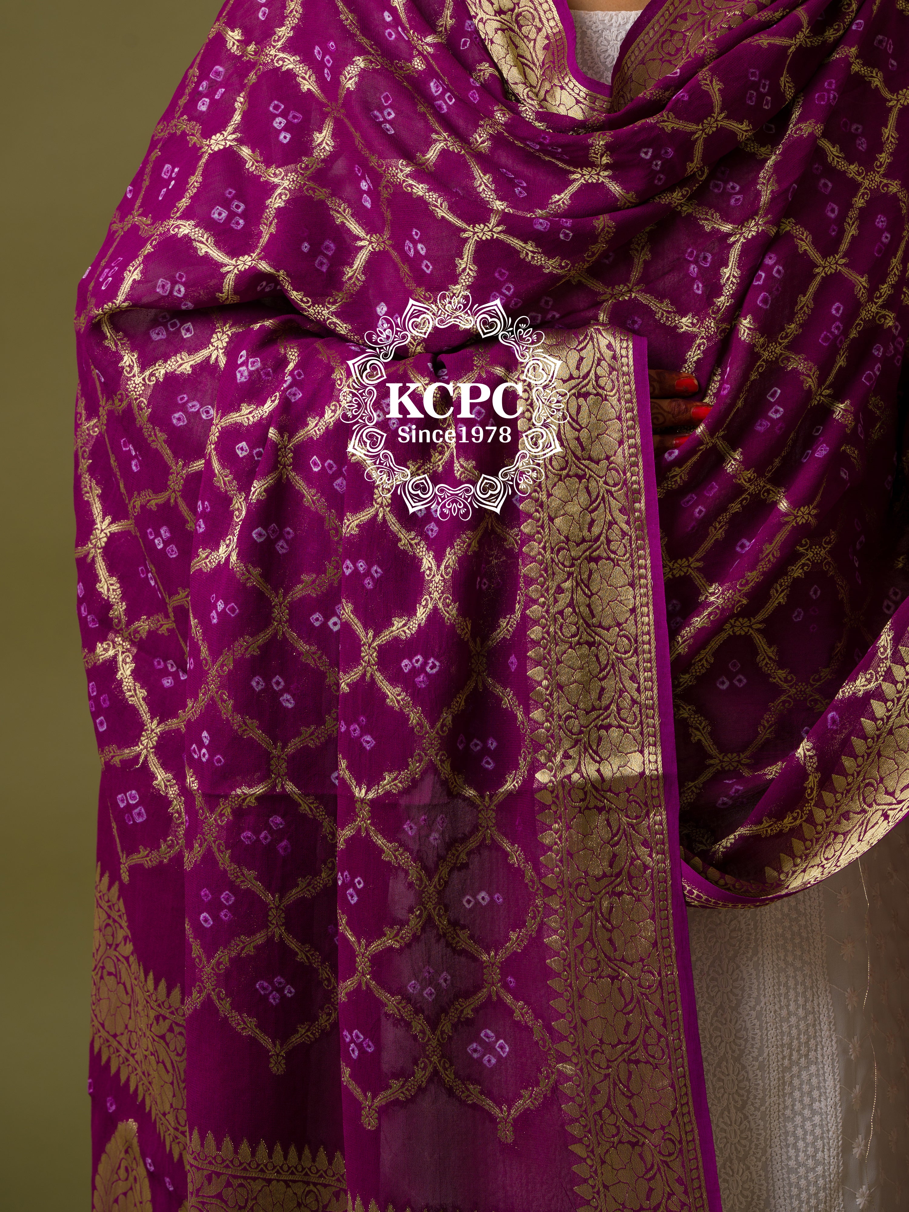 KcPc Pure Georgette Banarasi Bandhani Dupatta Purple