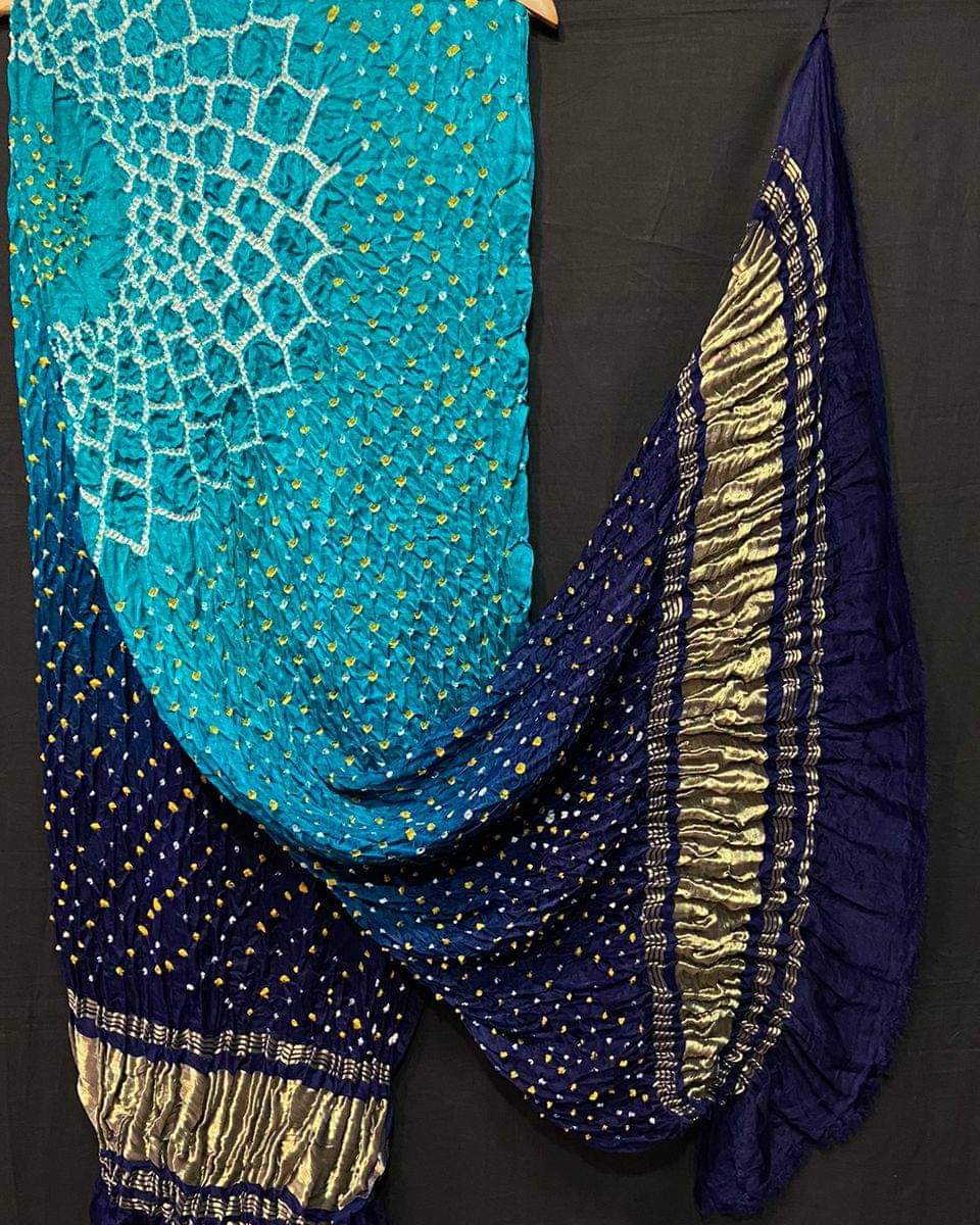 Pure Gaji Silk Makdi Jaal Bandhani Dupatta Navy Skyblue
