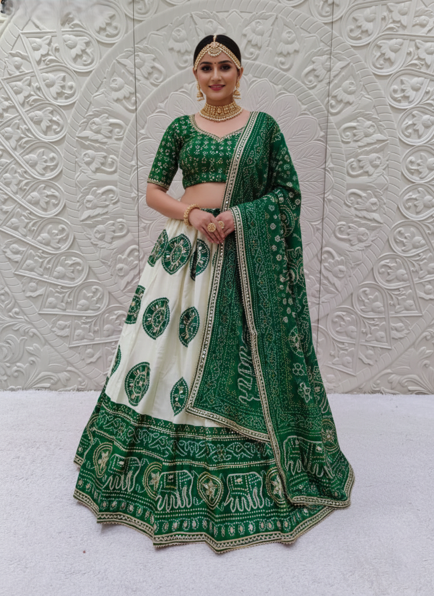 KcPc New Crepe Silk Bandhani Style Lehenga with Gotapatti Work Festive Wear Collection MHS