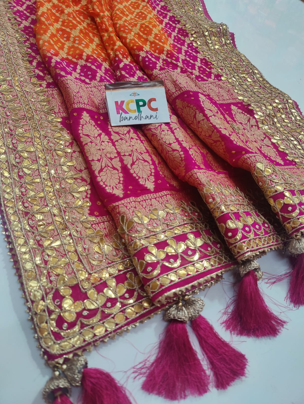 Pure Khaddi Upada Jangla Neemzari BandhaniGhatchola Dupatta With Gotapatti Handwork Orange Rani