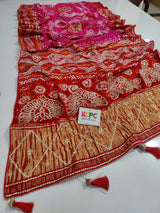 Pure Gaji Silk Bandhani Heavy Gotapatti WorkSaree With Blouse Rani Red Saree