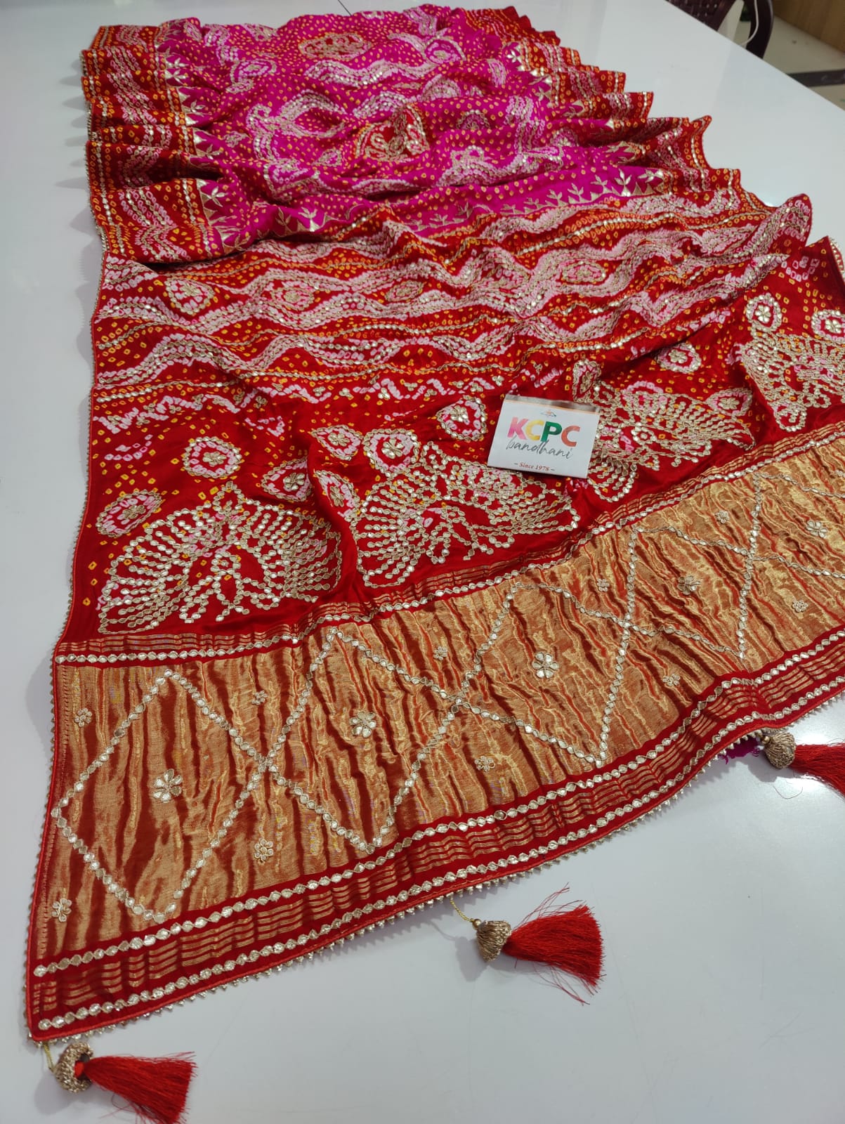 Pure Gaji Silk Bandhani Heavy Gotapatti WorkSaree With Blouse Saree