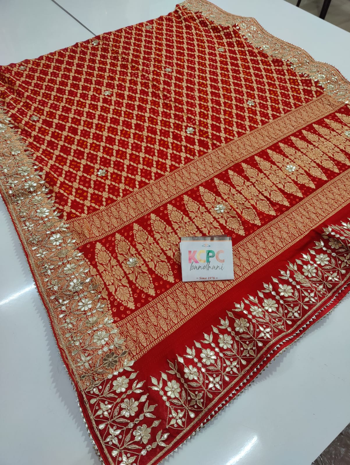Pure Khaddi Georgette Upada Janglaw Bandhani Neemzari Bridal Red Chunri Dupatta With Zero Gotapatti