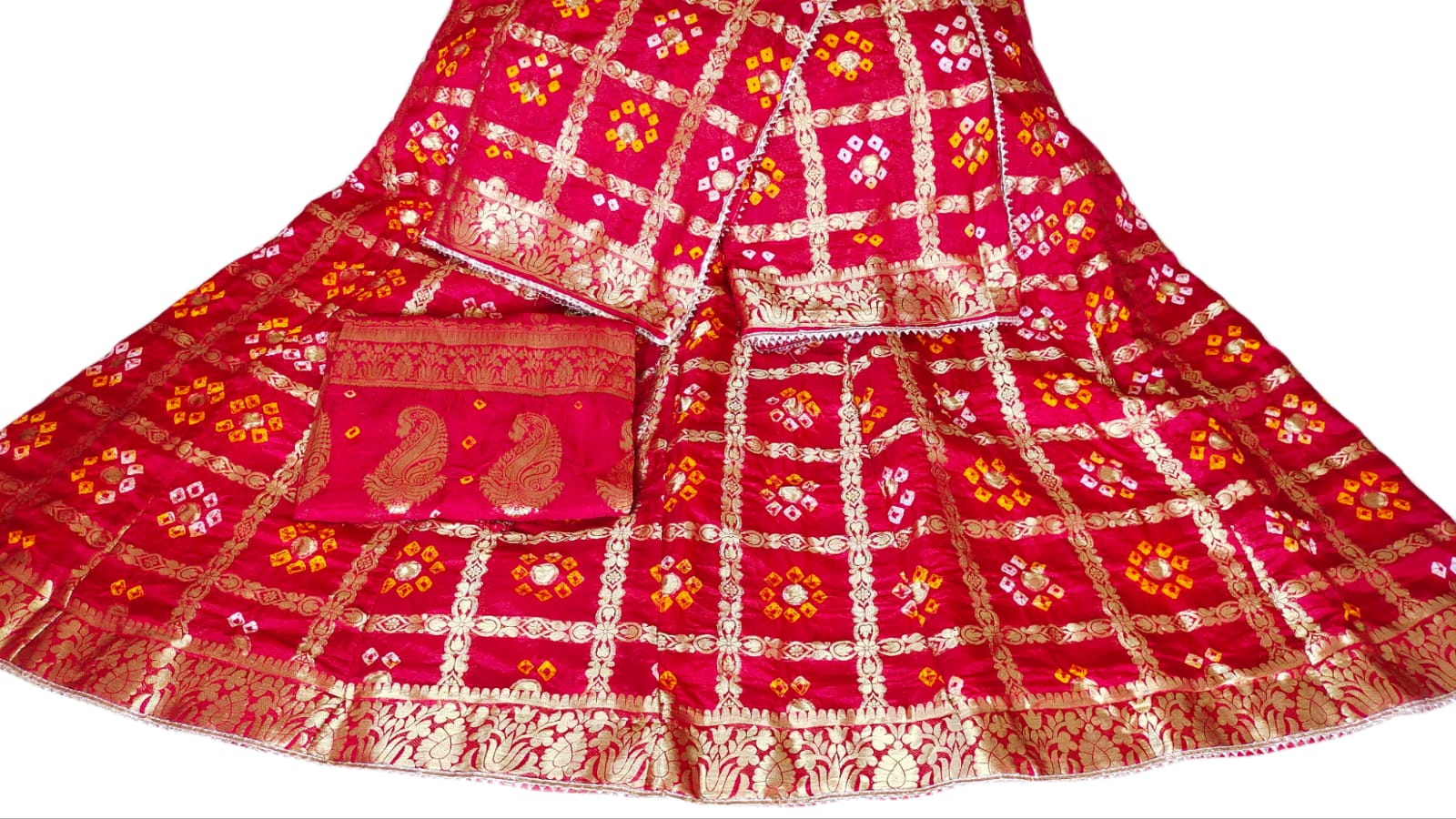 Rajasthani Bandhej Ghatchola Zari Work Lehenga Kml Or Pink Lehenga