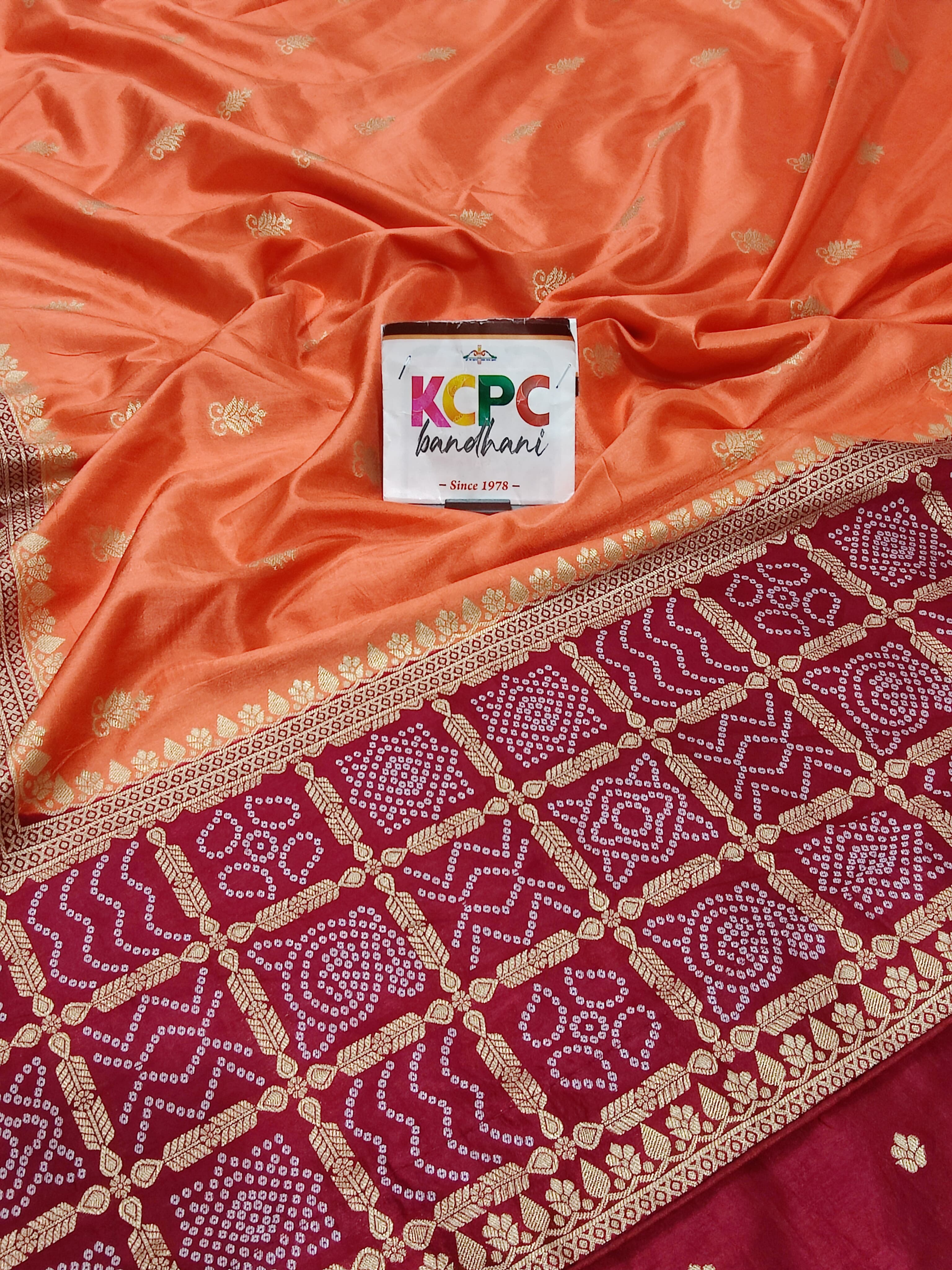 Multicolor Bandhani Semi Gaji Silk Saree Orange And Red colour