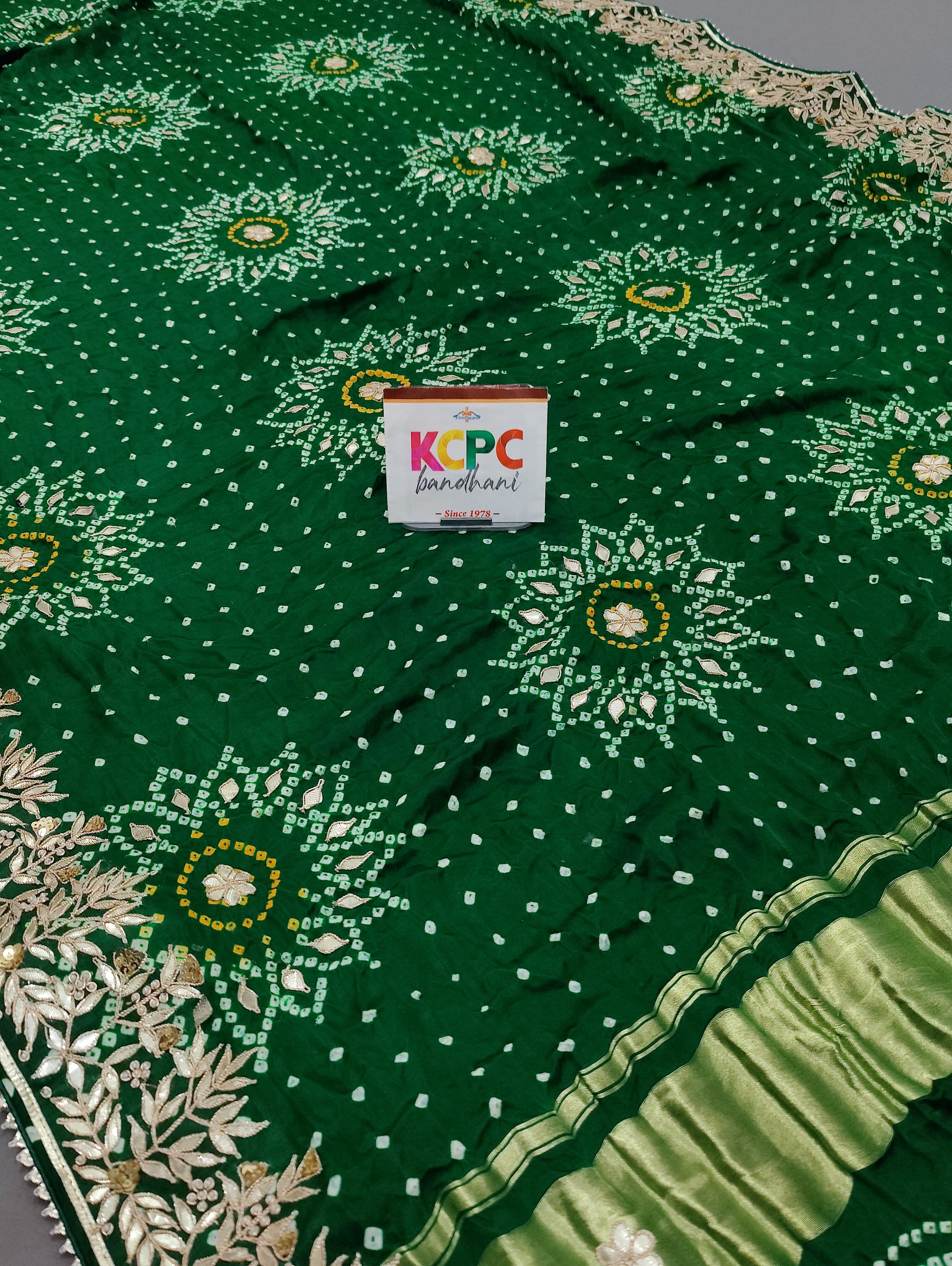 KcPc Beautiful Pure Gaji Silk Bandhani Ghatchola Gotapatti Saree AMT Green