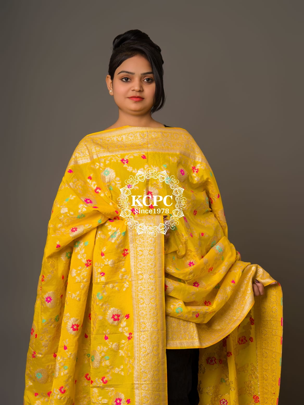 KcPc New Designer Neemzari Banarasi Handloom Pure Chinon Dupattas Yellow