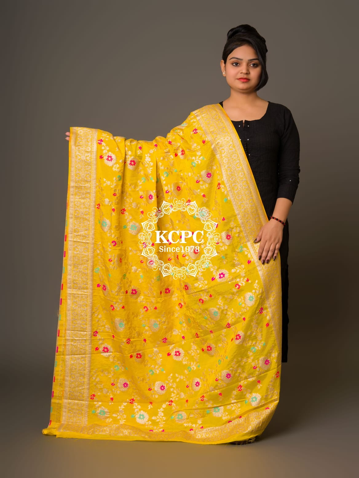 KcPc New Designer Neemzari Banarasi Handloom Pure Chinon Dupattas Yellow