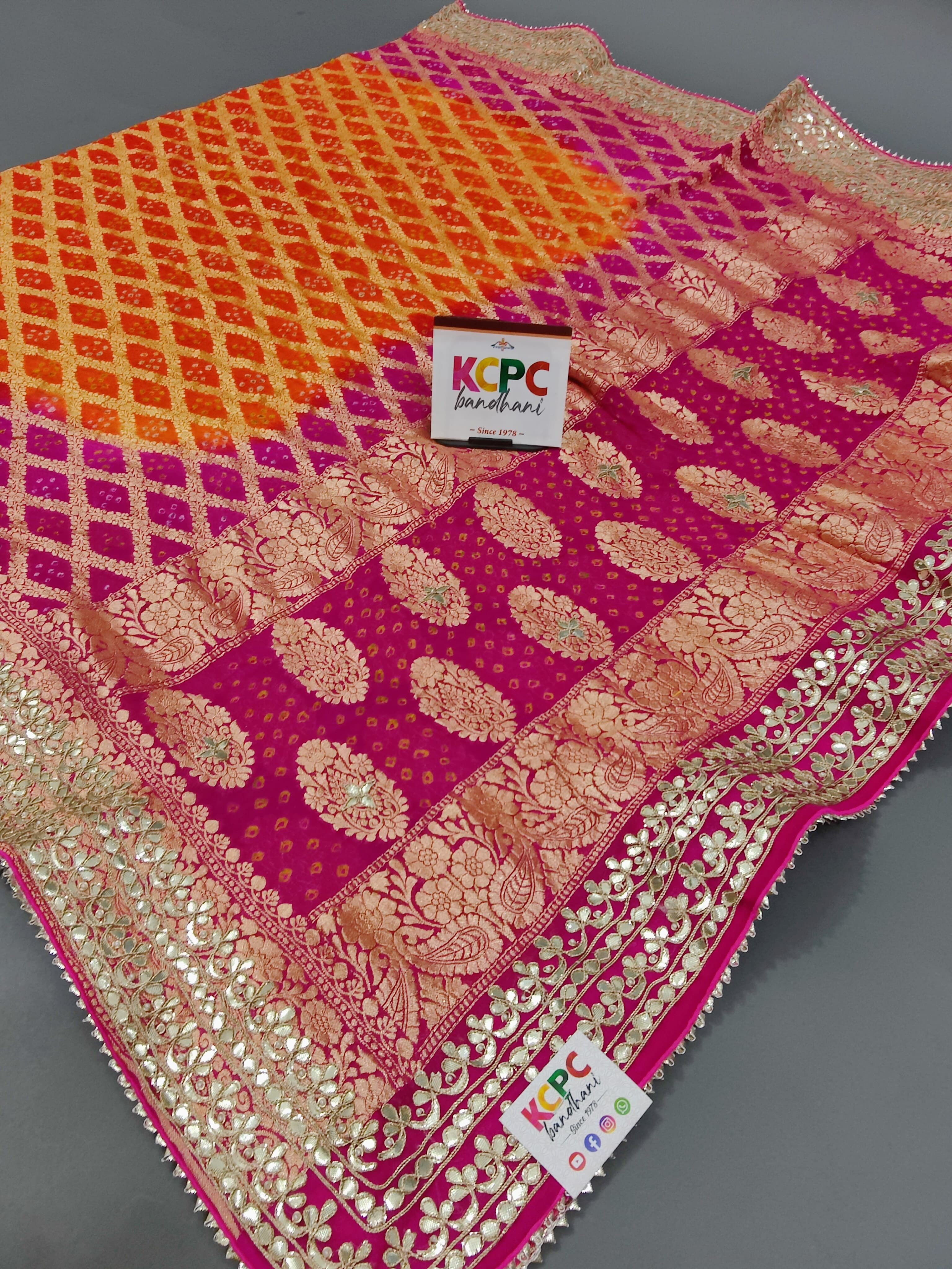 KcPc Pure Khaddi Georgette Bandhani Neemzari Resham Thread Upada Jangla with heavy Gotapatti work Dupatta