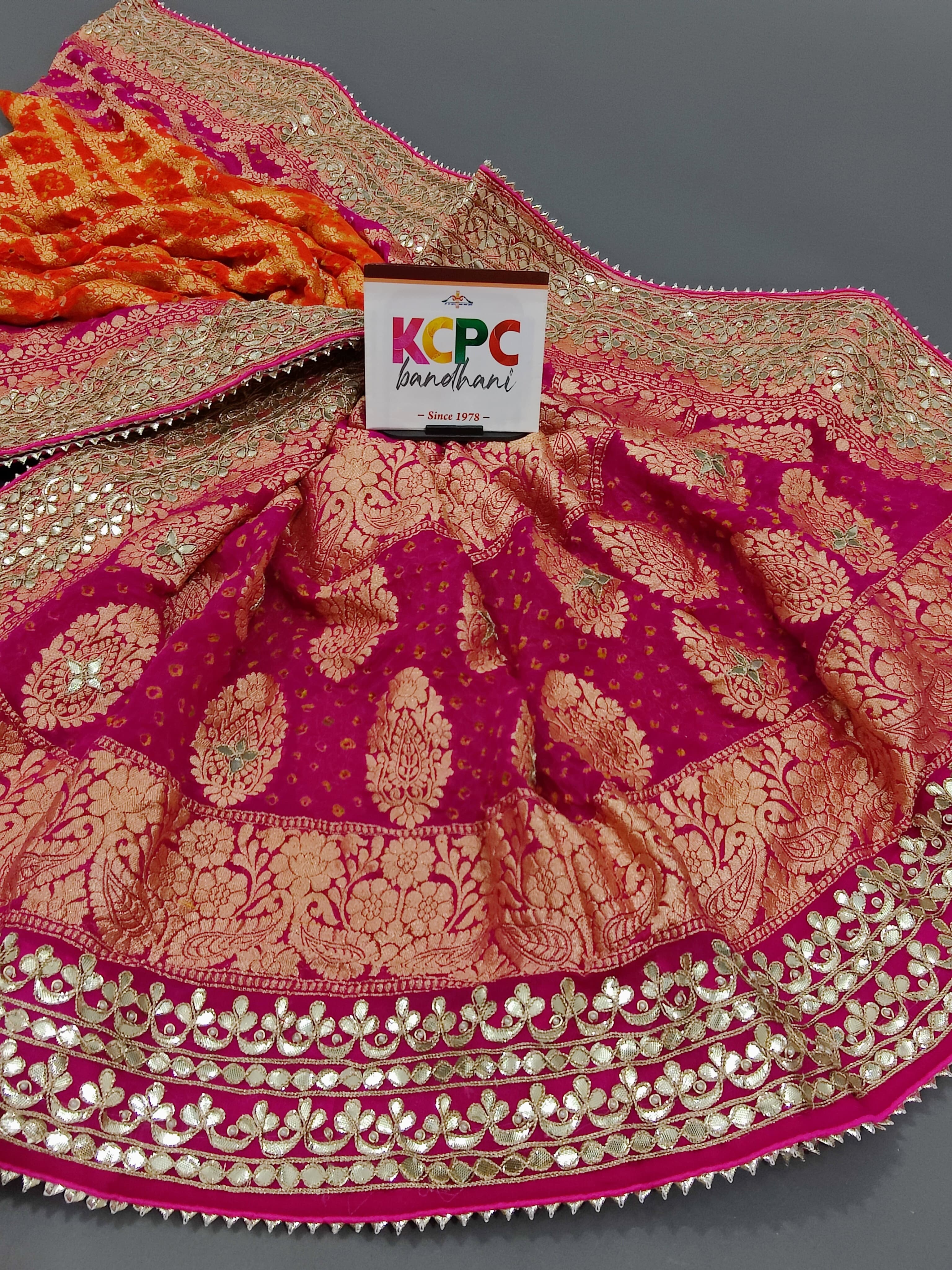 KcPc Pure Khaddi Georgette Bandhani Neemzari Resham Thread Upada Jangla with heavy Gotapatti work Dupatta