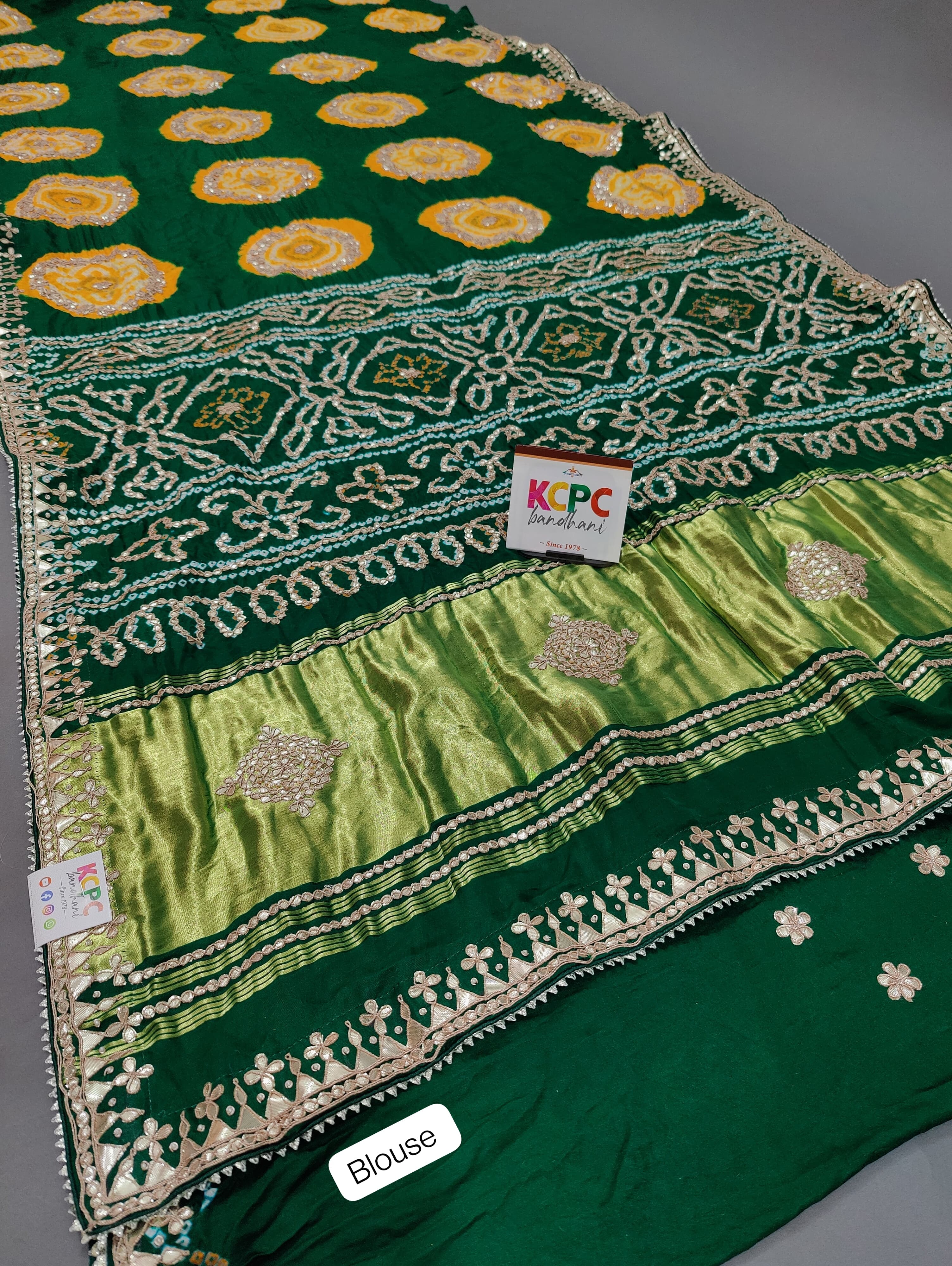 KcPc New Pure Gaji Silk Handmade Bandhej Gotapatti Laddu Bandhej Saree AMT Green