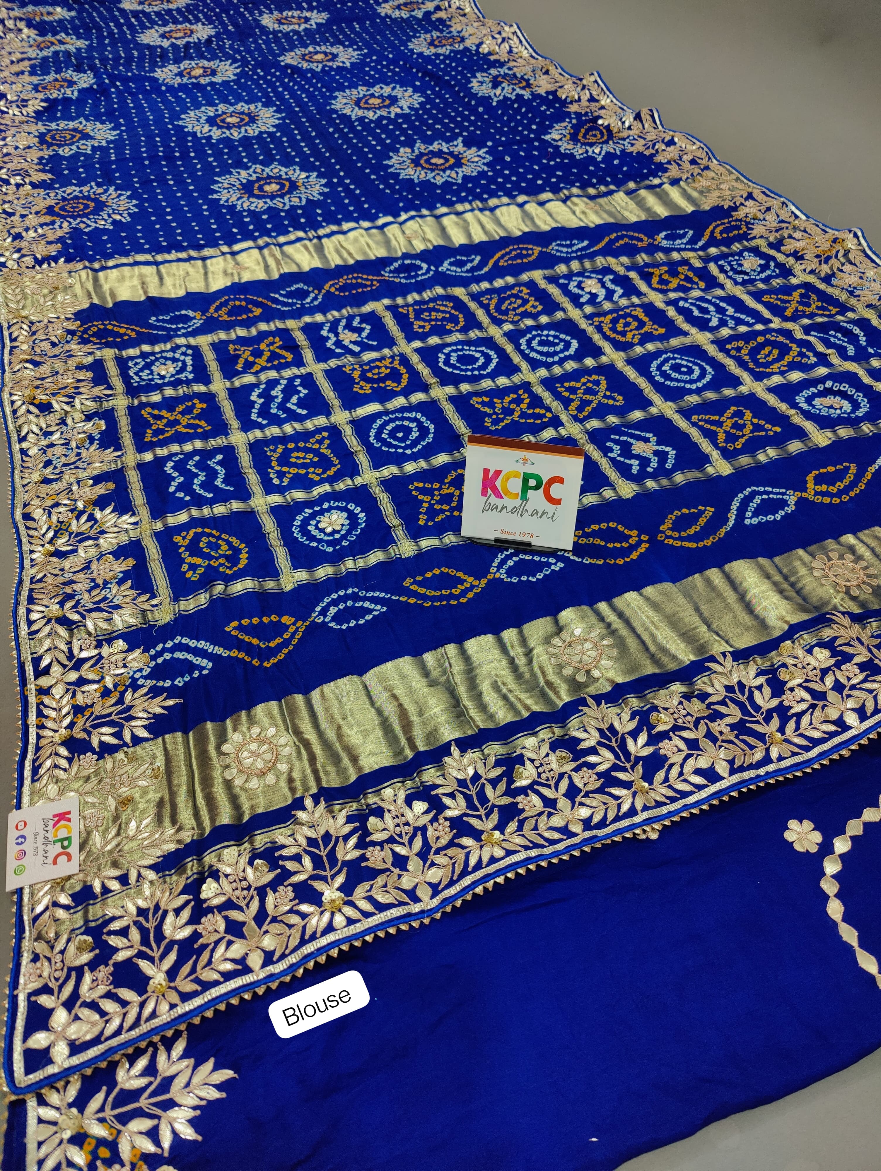 KcPc Latest Pure Gaji Silk Bandhani Ghatchola Gotapatti SareeAMT Blue