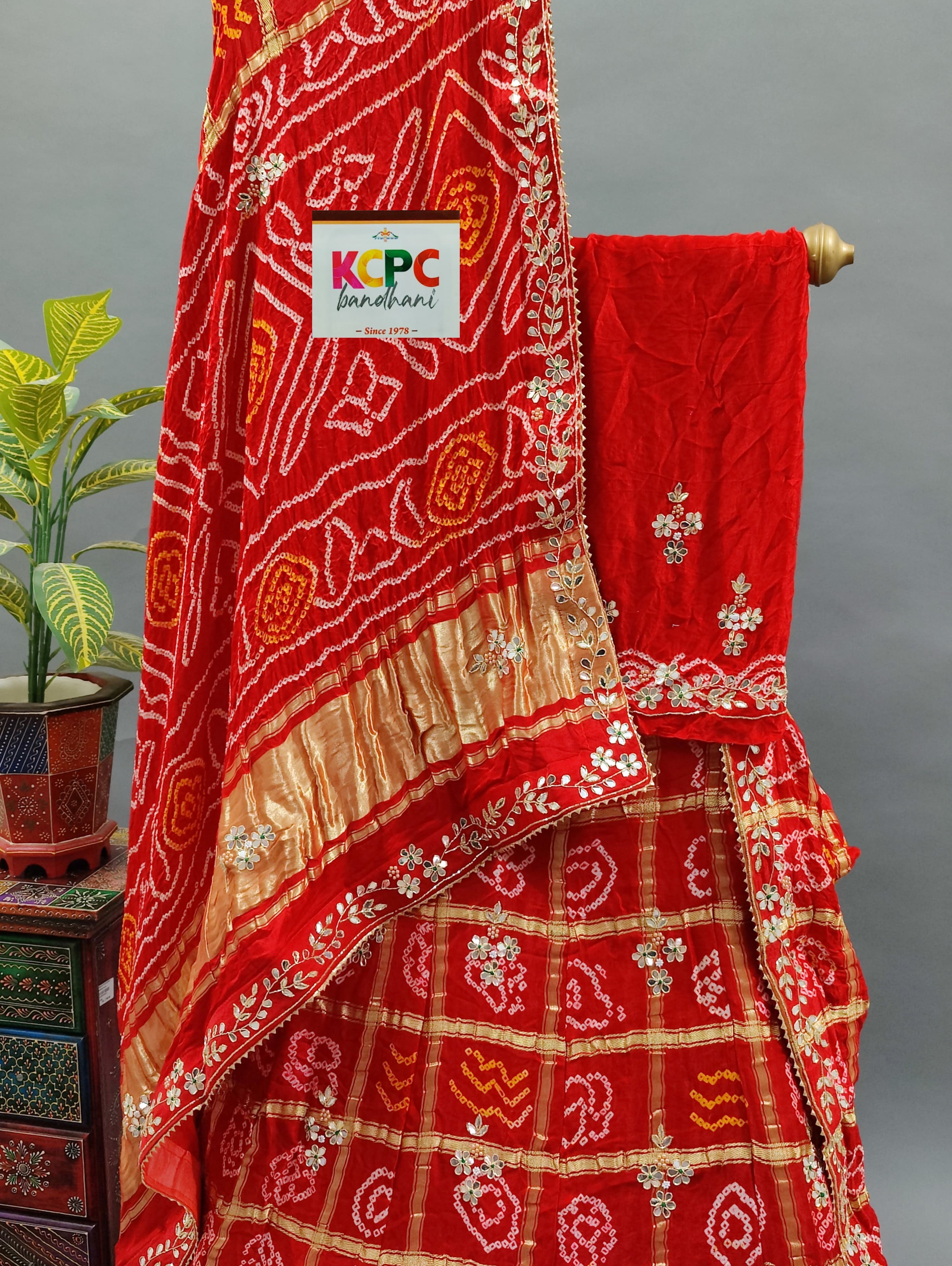 KcPc Pure Gaji Silk Bandhani Ghatchola Handwork LehengaSATISRed