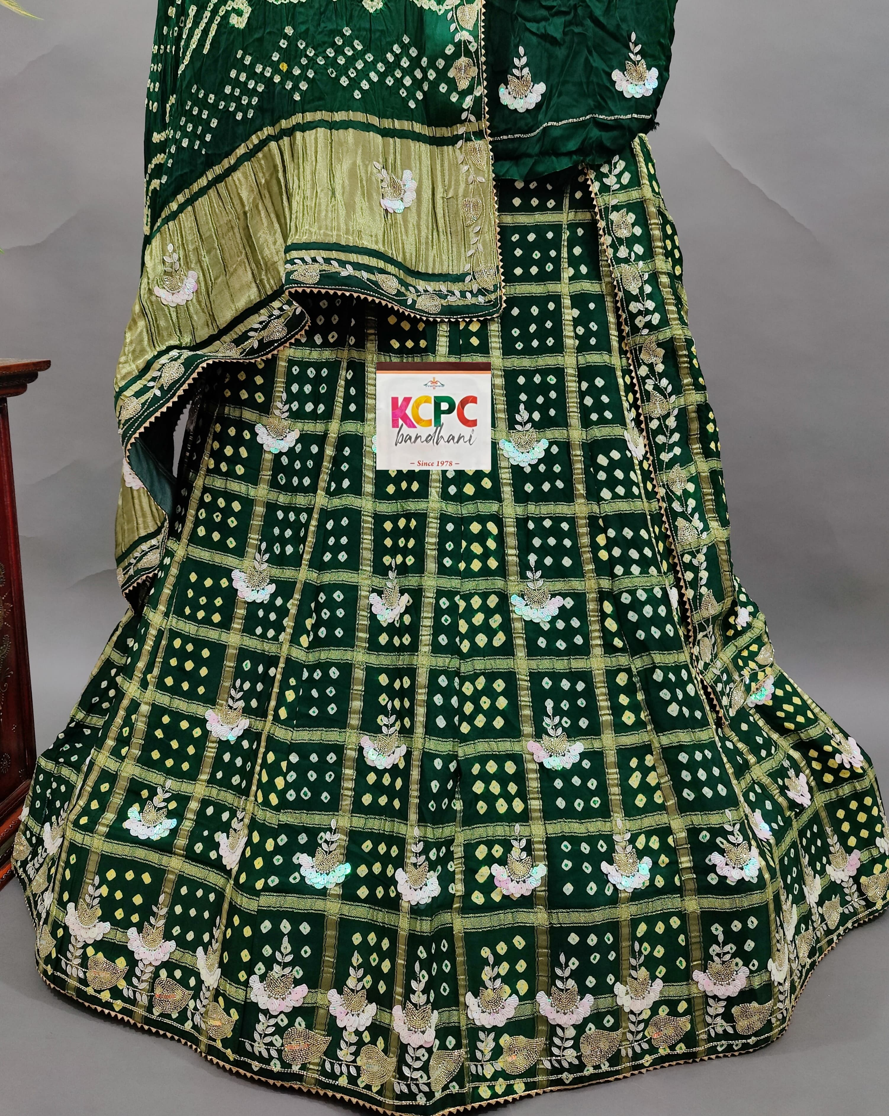 KcPc Trending Jaipuri Pure Gaji Silk Bandhani Ghatchola Gotapatti Handwork Lehenga setBTU Green