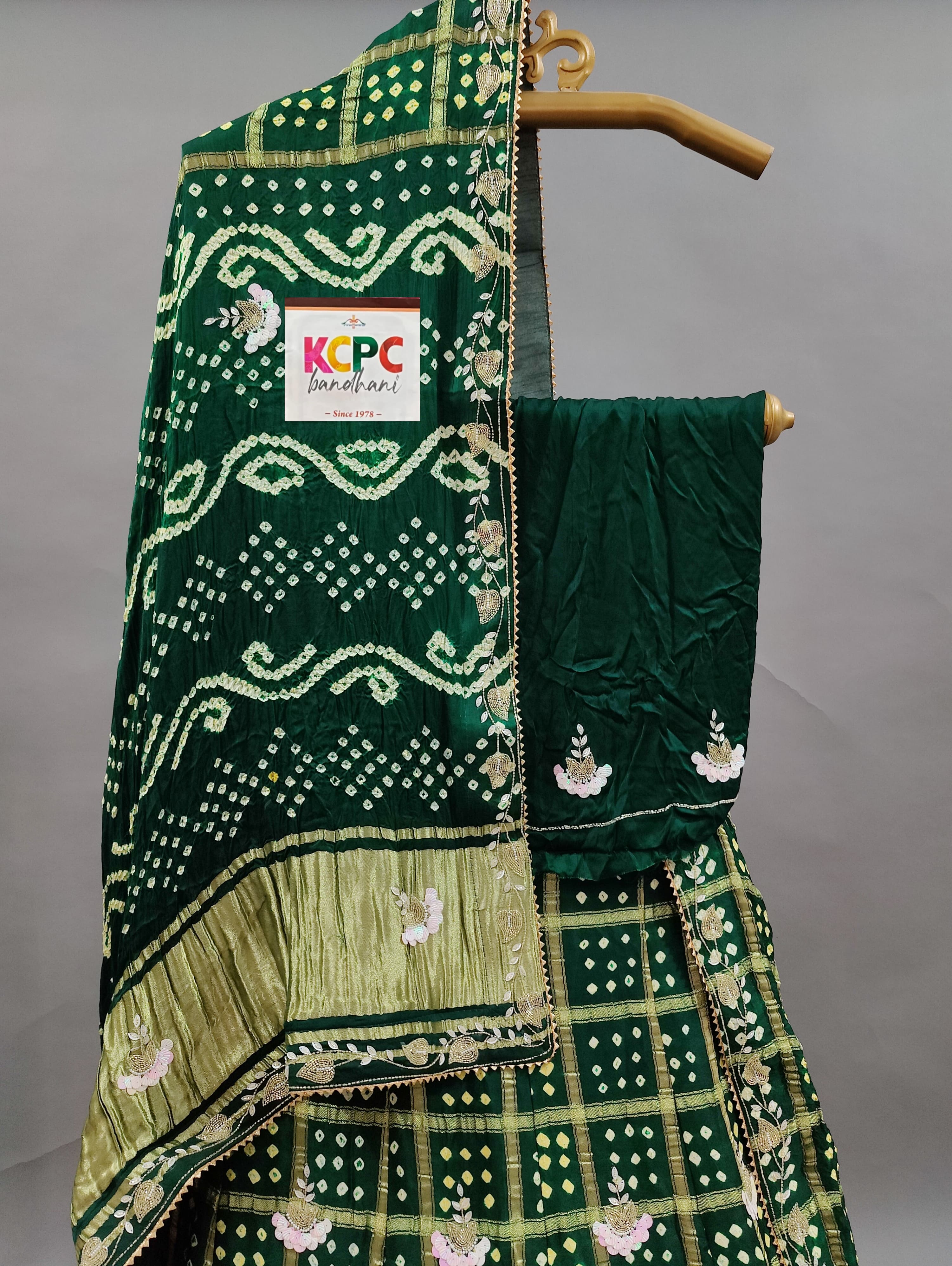 KcPc Trending Jaipuri Pure Gaji Silk Bandhani Ghatchola Gotapatti Handwork Lehenga setBTU Green