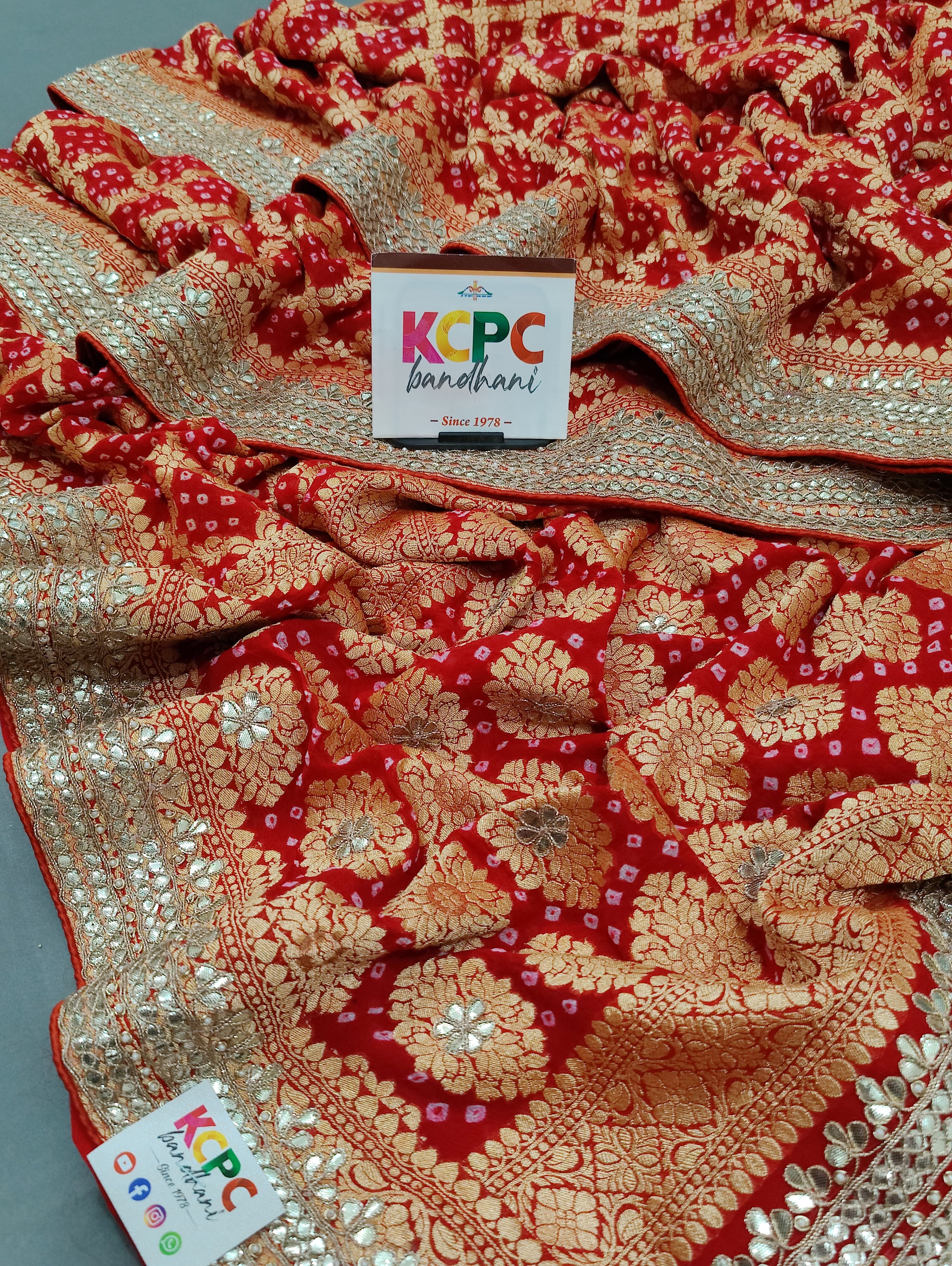 Khaddi Georgette Neemzari Bandhej Gotapatti work saree