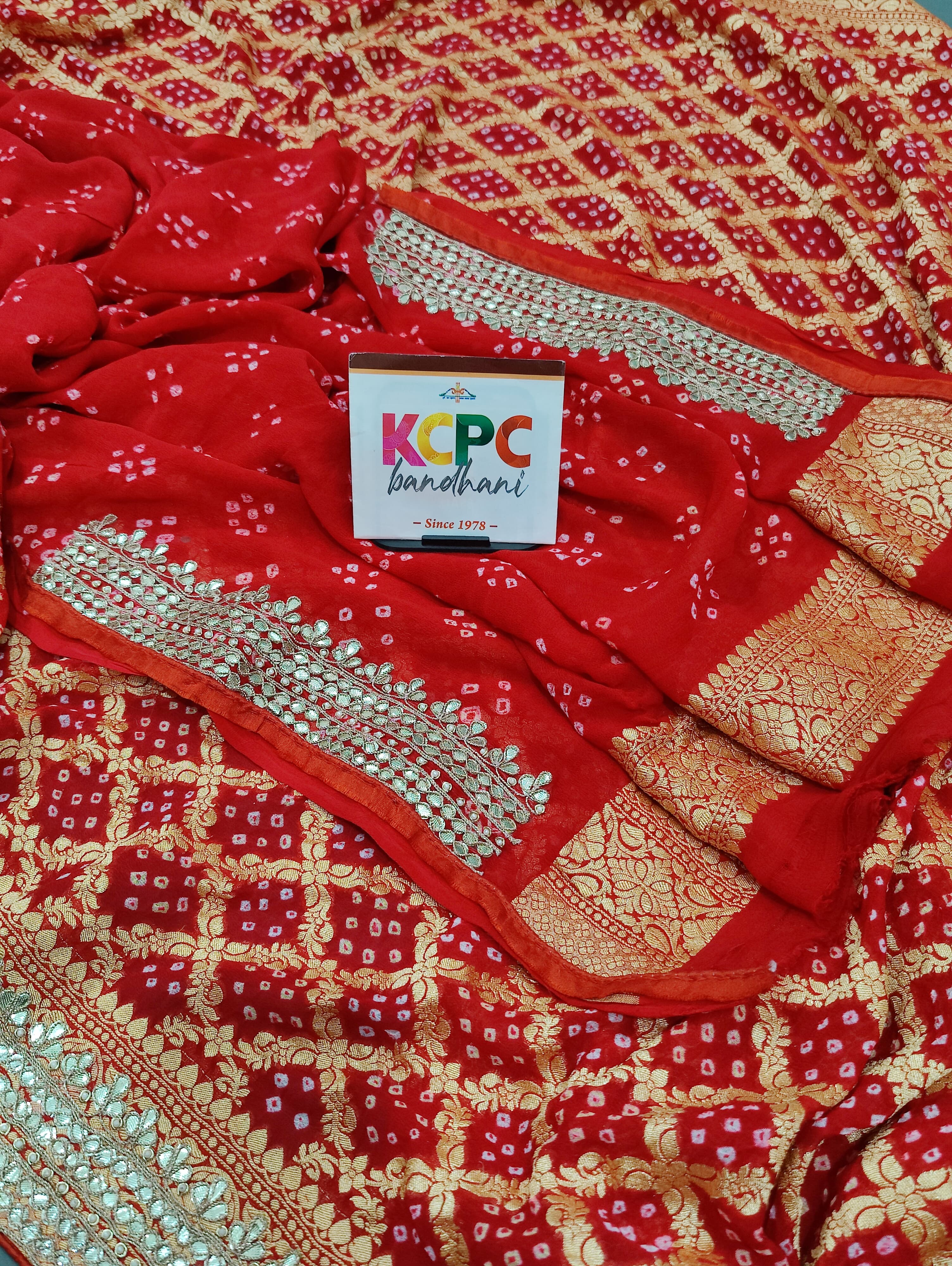 Khaddi Georgette Neemzari Bandhej Gotapatti work saree