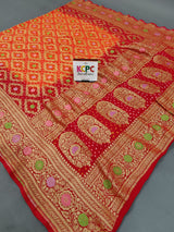 KcPc New Launch Pure Khaddi Georgette Meenakari Neemzari Bandhej DupattaOrange Red