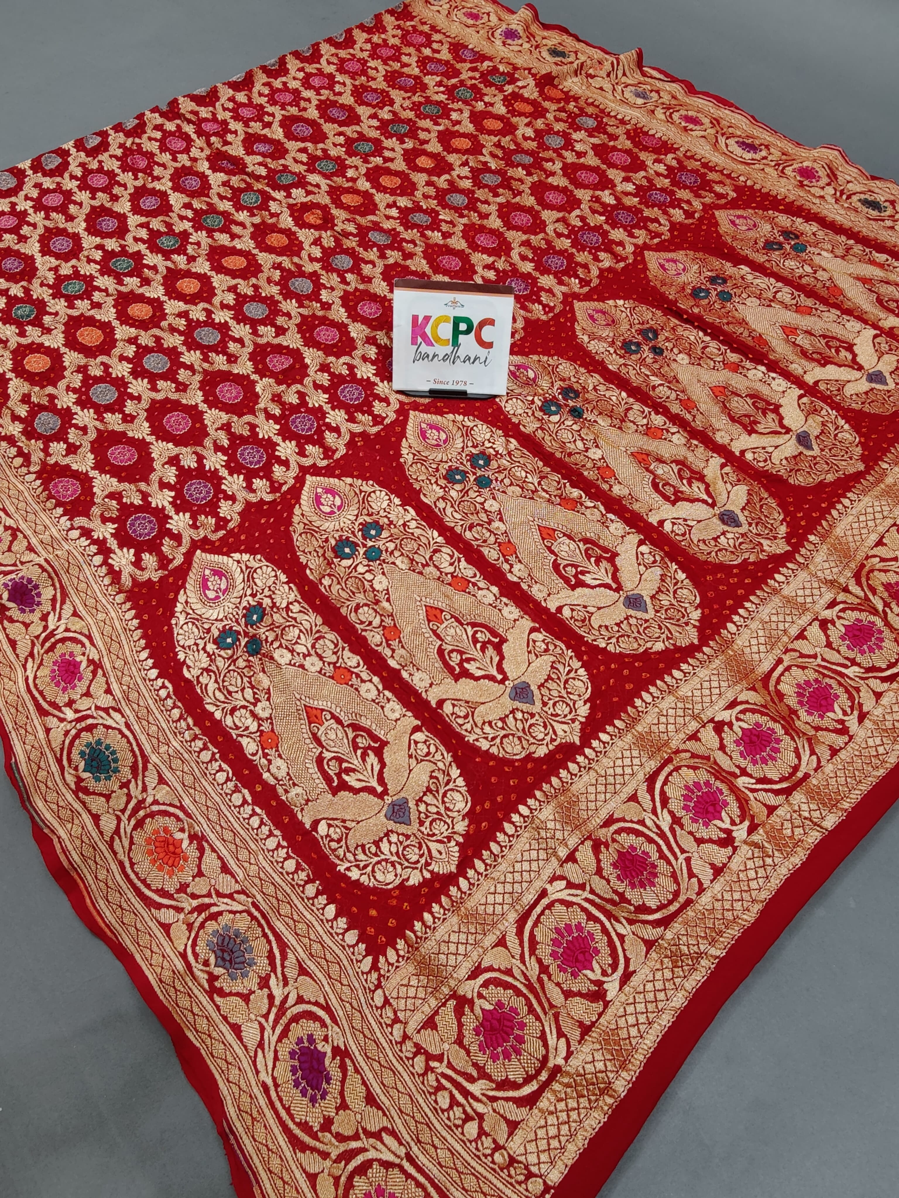 KcPc New Launch Pure Khaddi Georgette Meenakari Neemzari Bandhej DupattaRed