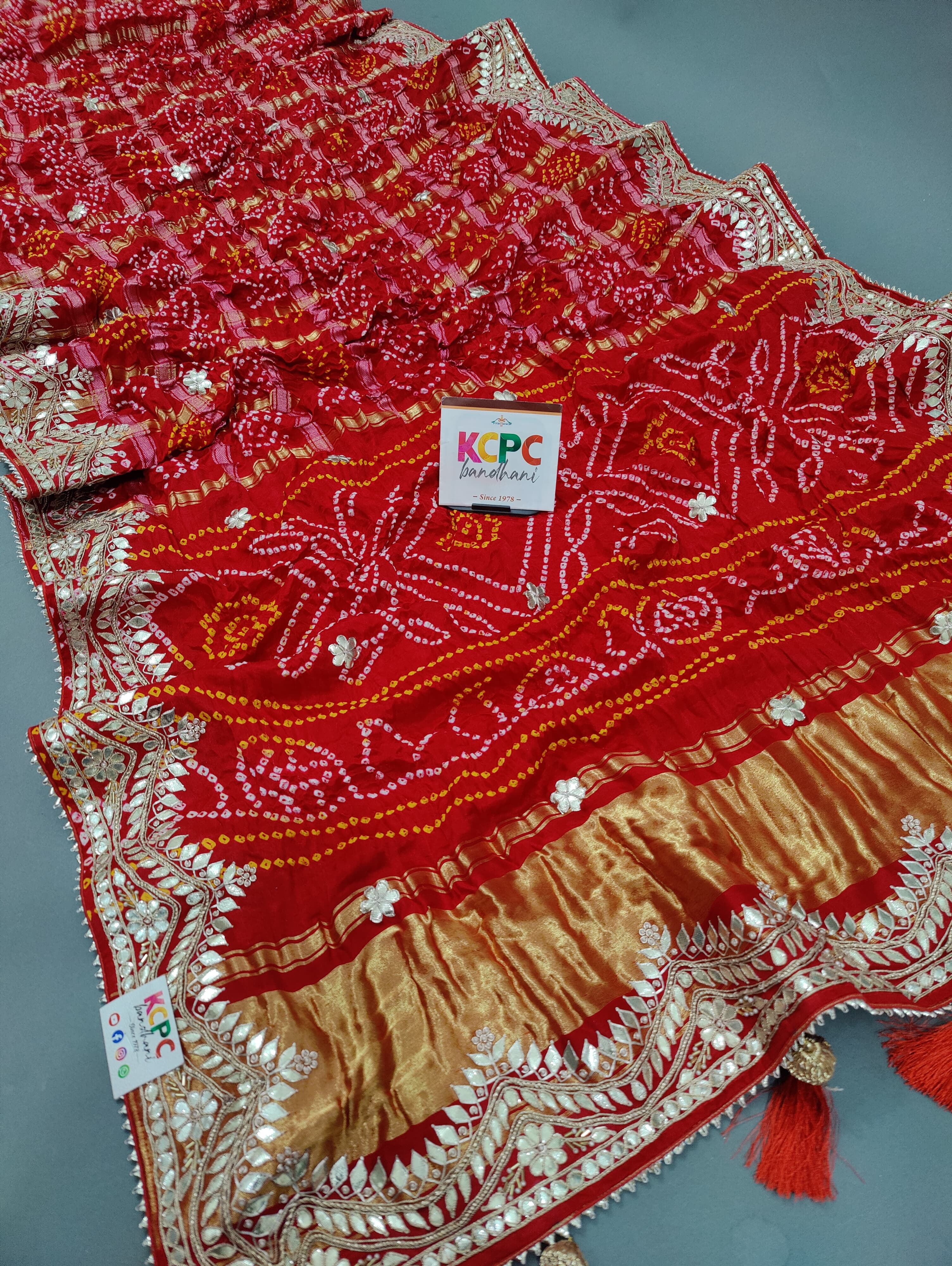 KcPc Special Pure Gaji Silk Bandhani Ghatchola Gota Patti Work Saree AMT Red