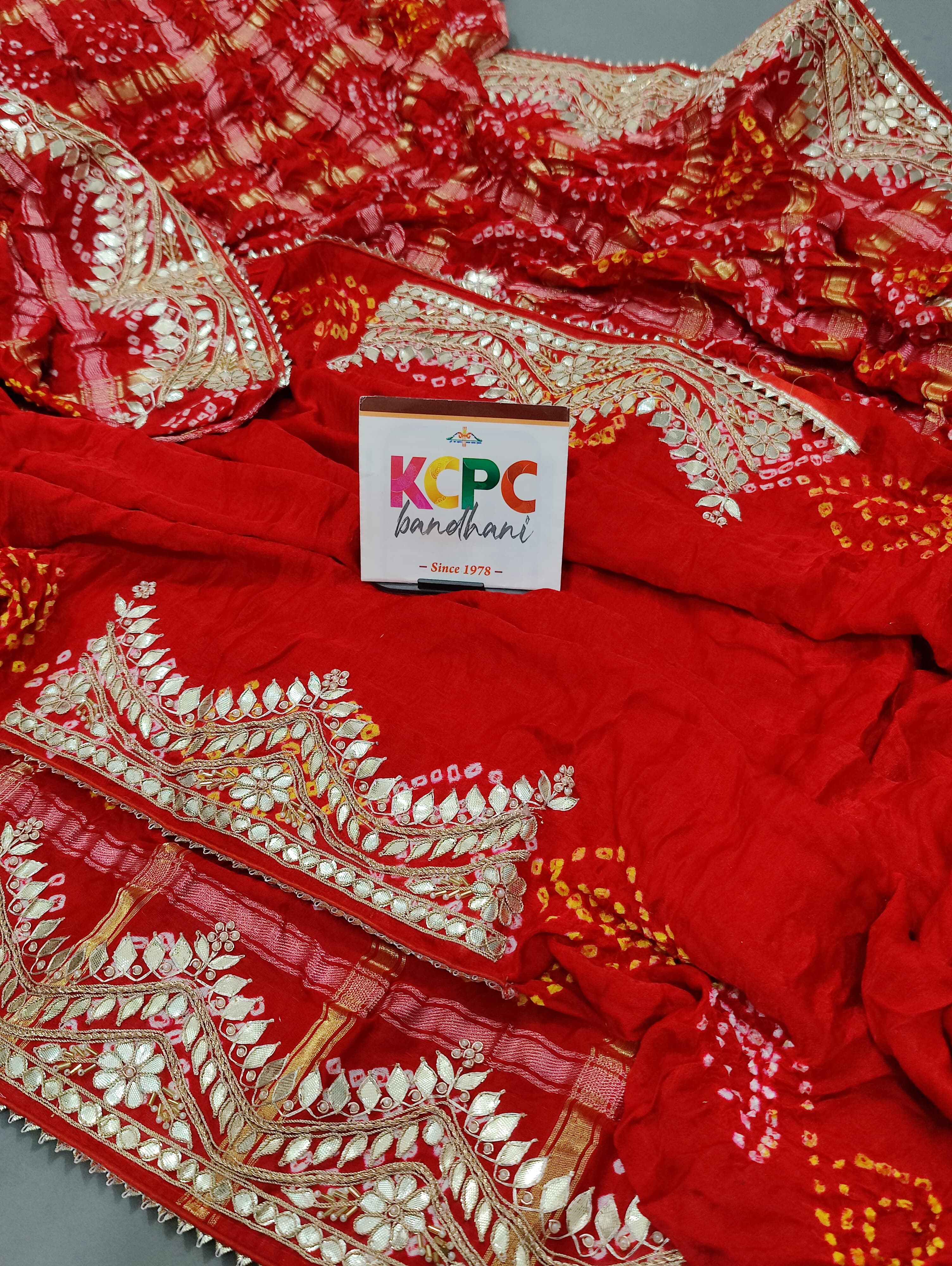 KcPc Special Pure Gaji Silk Bandhani Ghatchola Gota Patti Work Saree AMT Red